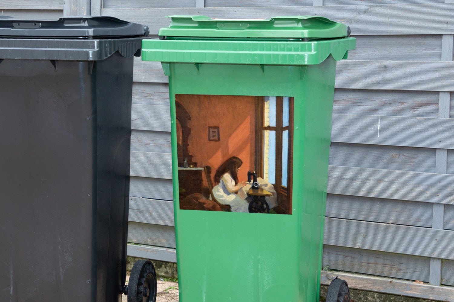 Mülltonne, - St), Mülleimer-aufkleber, Edward Abfalbehälter Sticker, MuchoWow Hopper der Wandsticker Container, Mädchen (1 Nähmaschine an