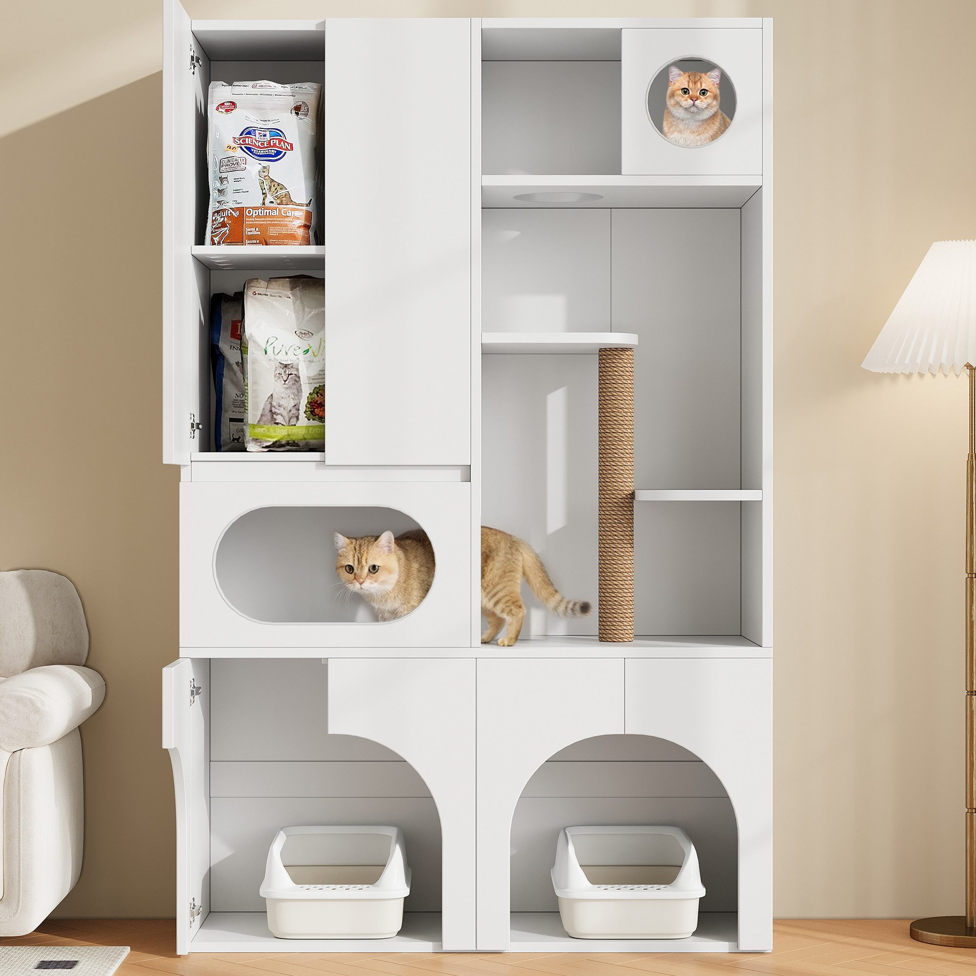 Flieks Katzenhaus Katzentoilettenschrank Haustierschrank, Mehrzweckschrank mit Kratzsäule und Ruhebereich Multifunktionsschrank