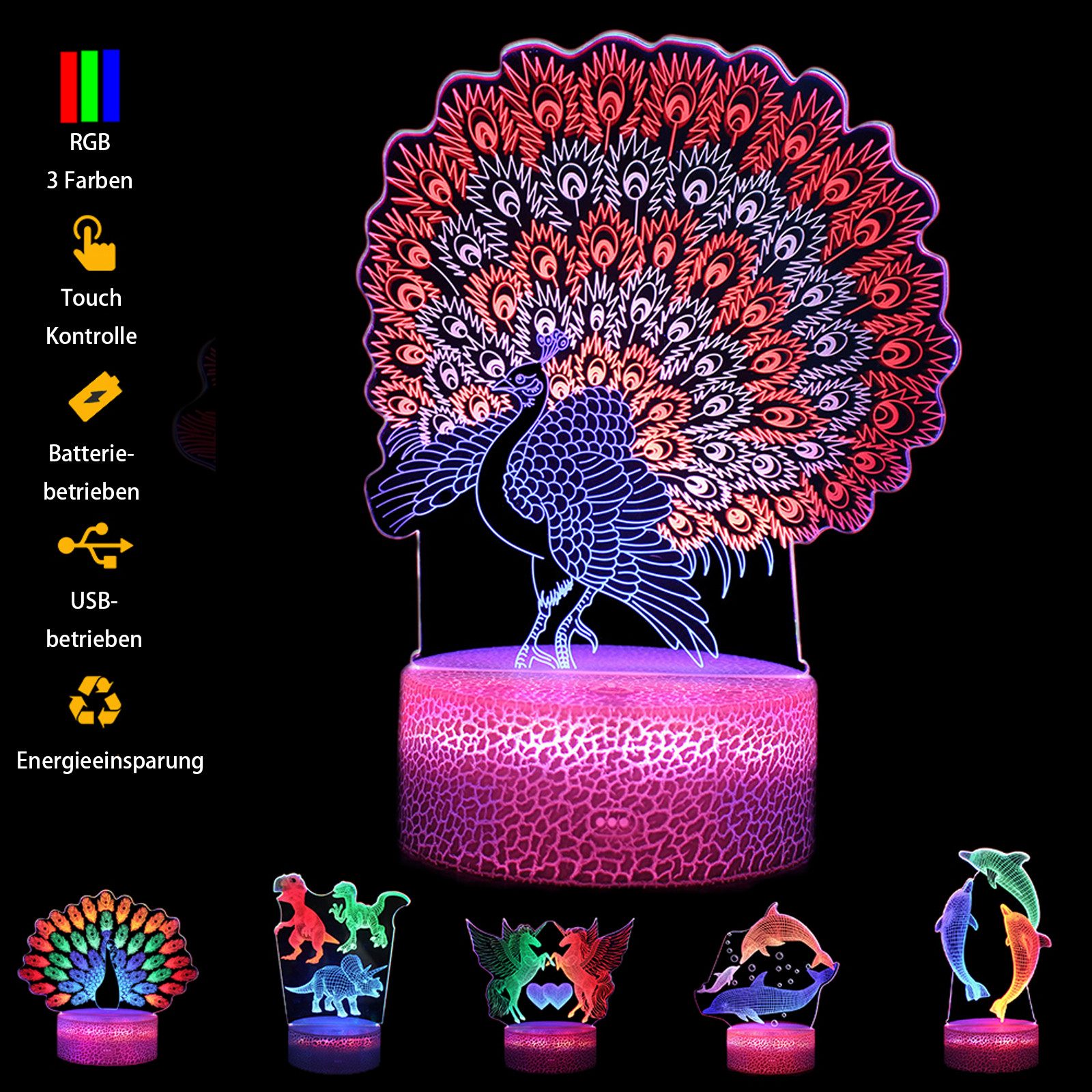 LED Dekolicht Nachtlicht 3D Illusion Nachtlampe Touch Control USB-/batteriebetrieben