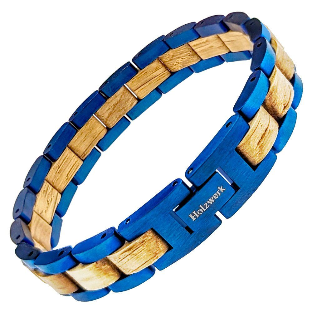 Holzwerk Edelstahlarmband CHIEMSEE Damen und Herren Holz Armband, Gliederarmband, blau, beige