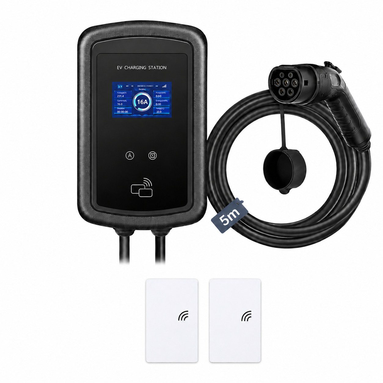 Tekoo Elektroauto-Ladestation 11kW Wallbox, 3-Phasig, Typ 2, App & RFID, Wallbox 11kW / 16A, 3-phasig, Komplettset, Inklusive 5m Ladekabel, 2x RFID-Karten und Montagematerial, App-Steuerung via Smart Life, Echtzeit-Ladedatenanzeige