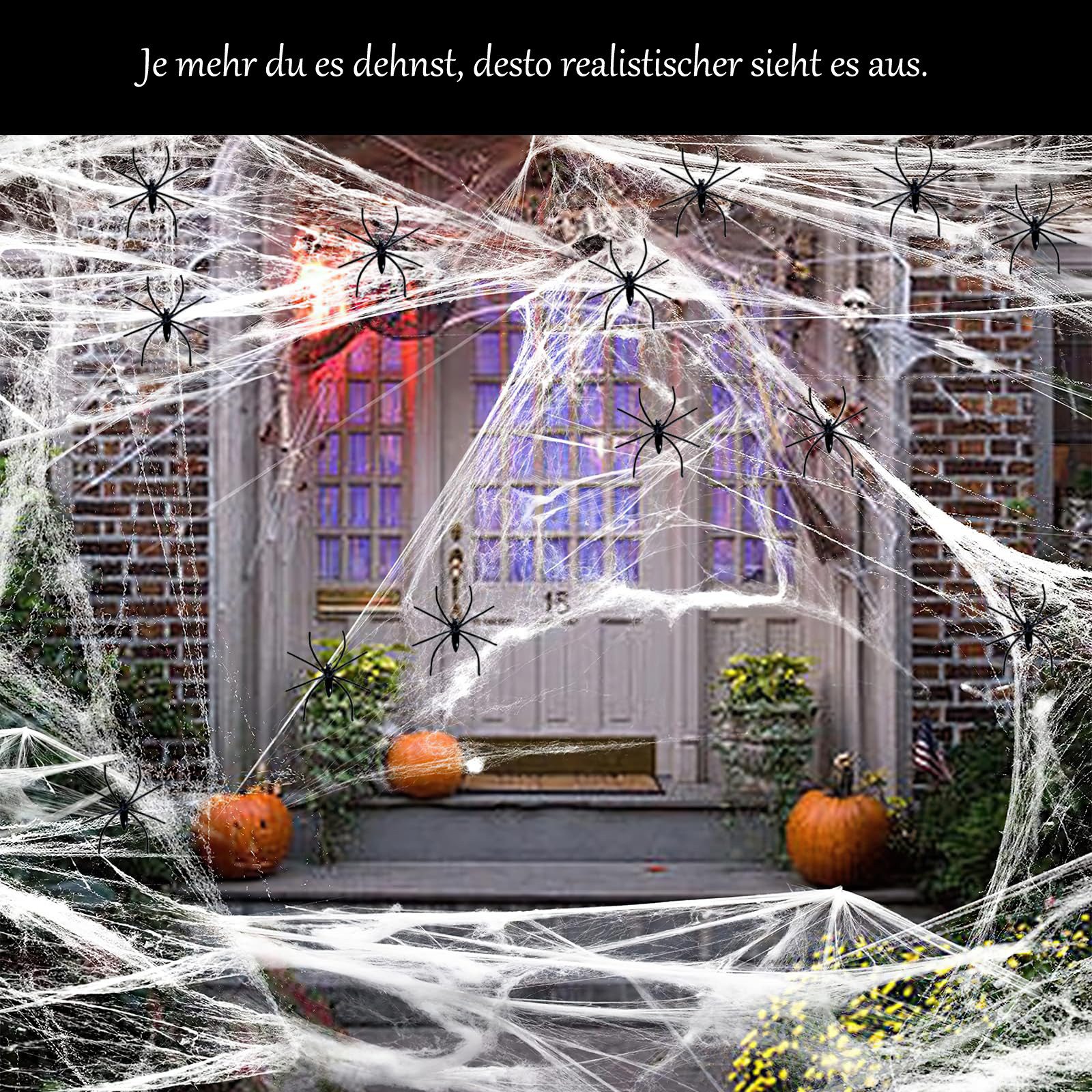 Sorvyzxn Dekoobjekt Halloween Deko, Spinnennetz & Plastik Spinnen, Dehnbare Spinnennetz (31 St), für Innen/Außen, Garten,Tür, Fenster, Horror Spukhaus, Hof Grus – Bild 4 von 5