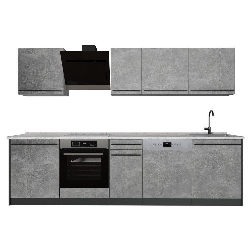 Vicco Küchenzeile R-Line, Beton/Anthrazit, 280 cm Arbeitsplatte Marmor