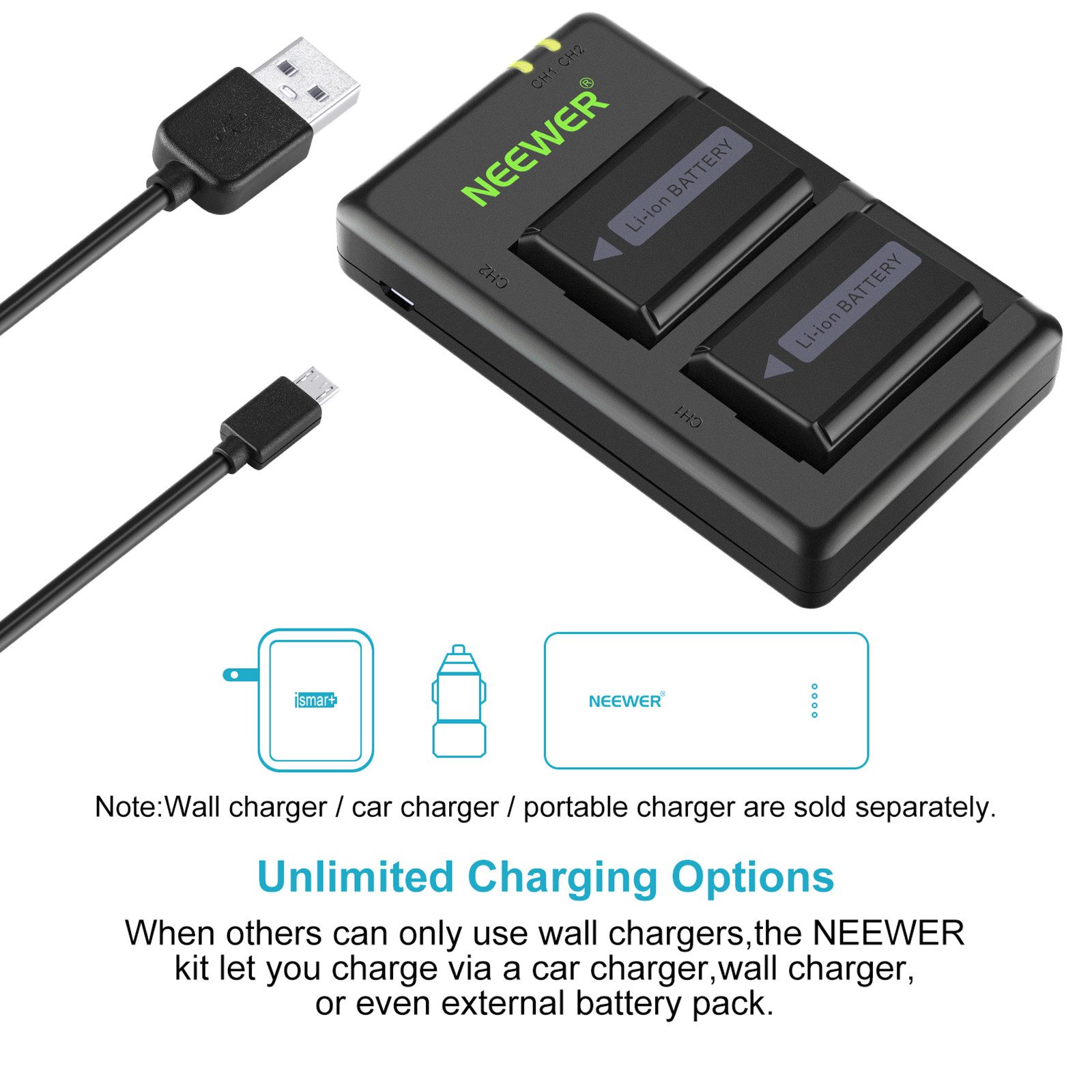 Neewer NP-FW50 2-Pack 1100mAh Camera Battery Charger Set, Micro USB Port Batterie-Ladegerät (Packung, Compatible with Sony ZV-E10, A7/A7R/A7 II/A6300/A3000, u.v – Bild 4 von 5