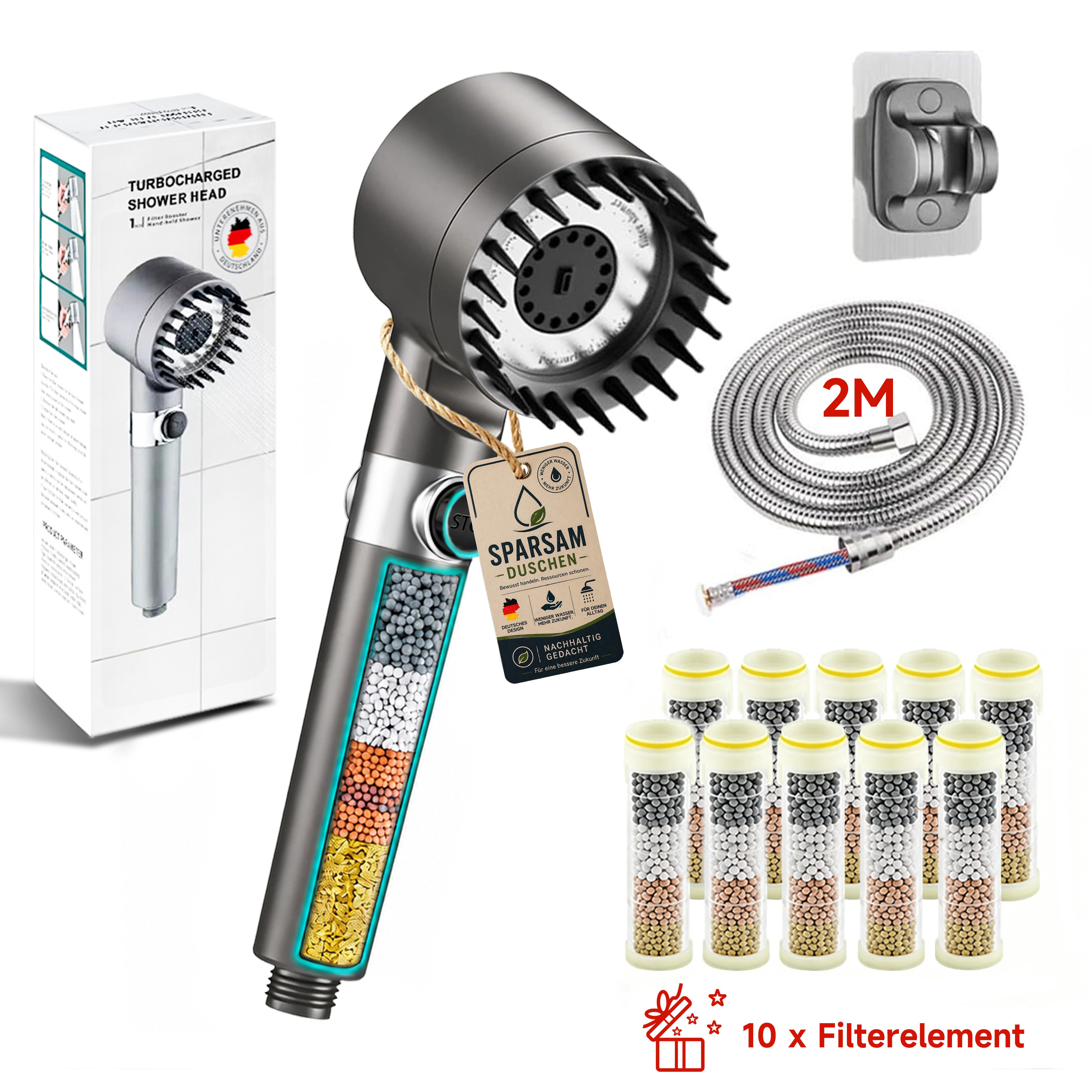 FOSMET Handbrause Duschkopf mit Filter fur Kalk, Hochdruck Handbrause mit 2m Schlauch, (Shower Head 10 Ersatzfilter für Entfernen vom harten Wasser, Rest-Chlor, Bakterien und Schwermetall, Schwarz), Gefilterter Duschkopf mit Halterung,3+1 Strahlarten, für