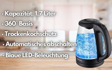 ecosa Wasserkocher EO-680, 1,7 l, 2200 W, Glaswasserkocher, Blaue LED-Beleuchtung, BPA-frei