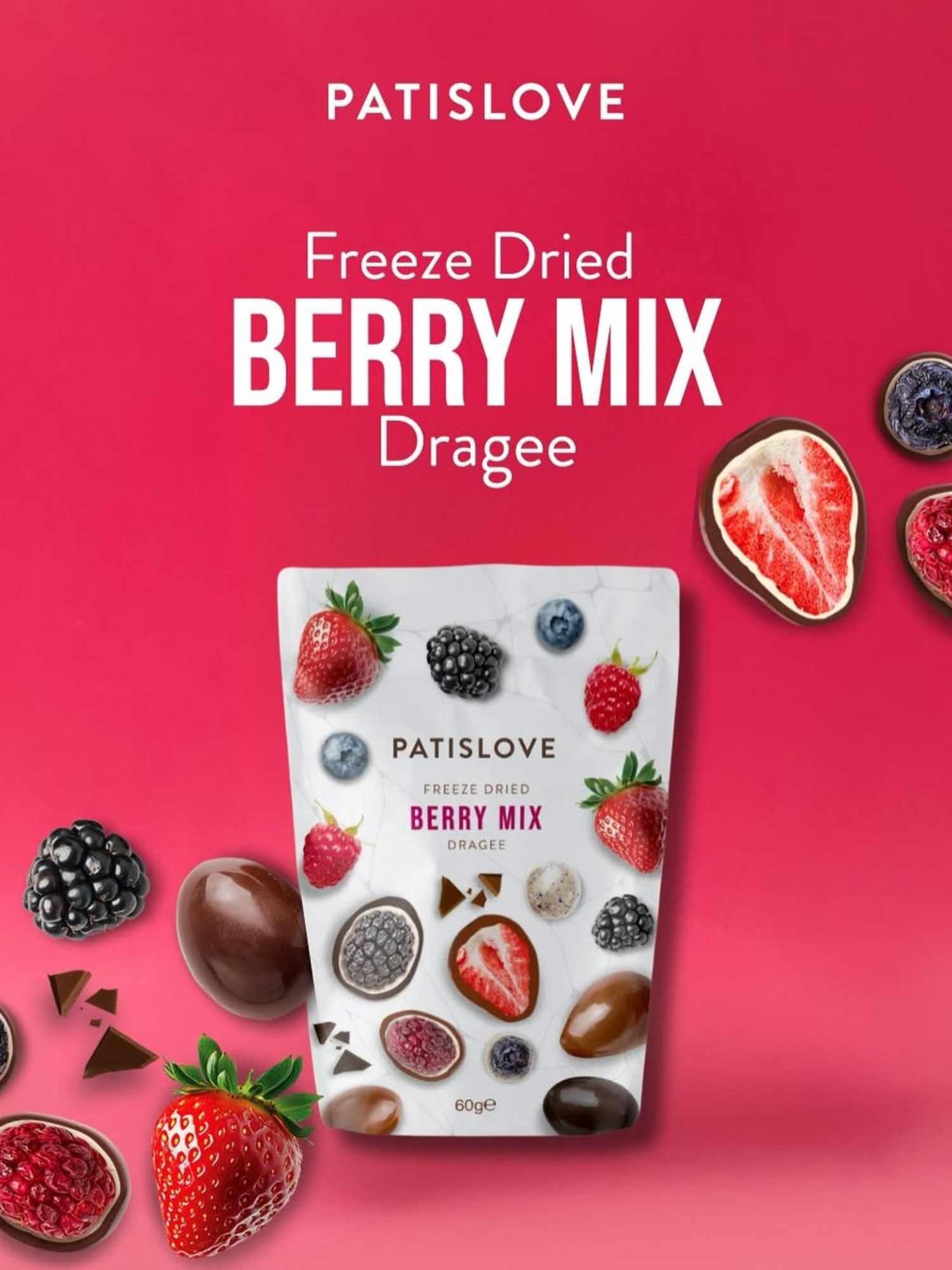 PATISLOVE Schokolade Patislove Berry Mix Dragees, Beeren-Mix in 3 Schokoladensorten, 60g, Gefriergetrocknete Beerenmischung, Überzug aus 3 Schokoladensorten