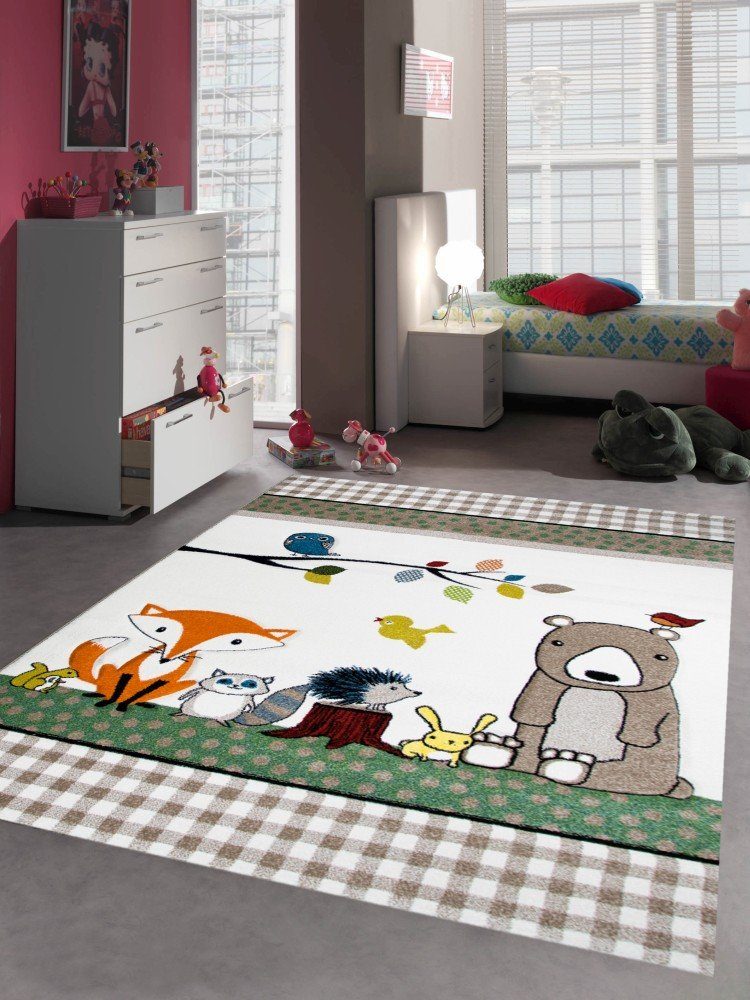 Carpetia Kinderteppich Kinderteppich Babyzimmer Teppich Tiere Bär Fuchs Igel Eule Beige Braun, rechteckig, Höhe: 13 mm