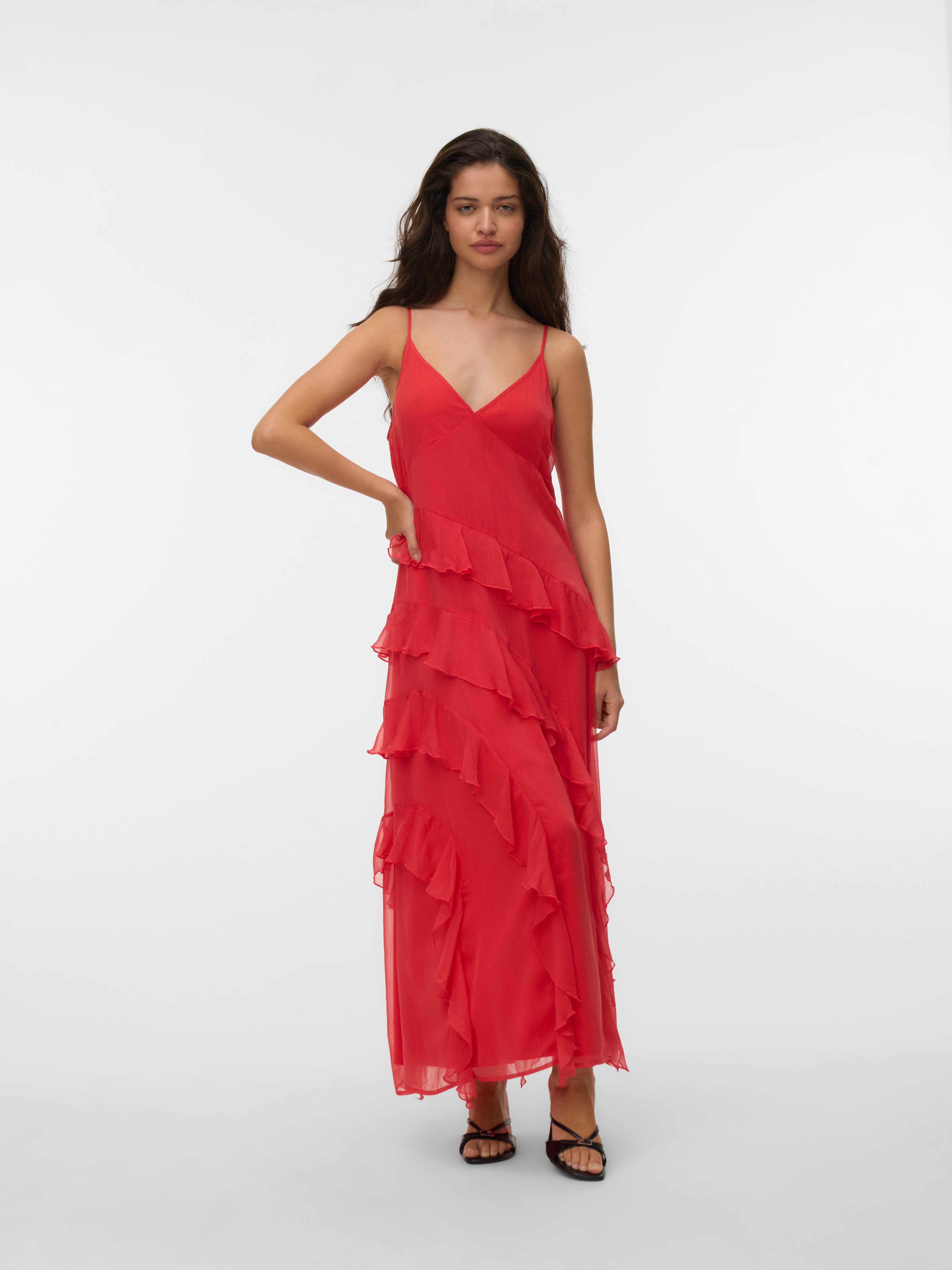 Vero Moda Trägerkleid VMSMILLA S/L V-NECK LONG FRILL DRESS WVN Kunstfaser