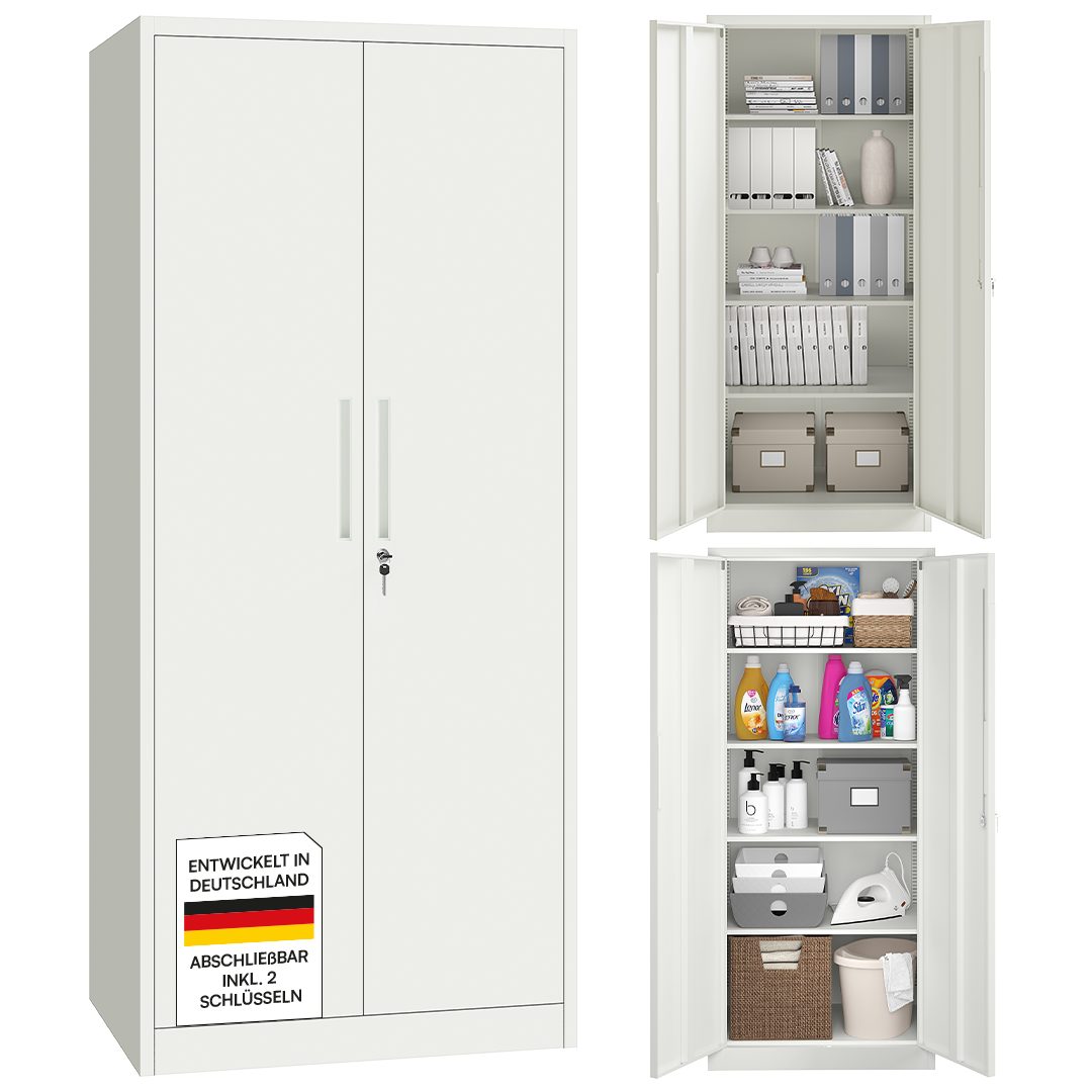 STEELSØN Aktenschrank Regulus aus Stahl, abschließbar mit 2 Schlüsseln (Weiß) Spindschrank mit 4 höhenverstellbaren Einlegeböden, 175x40x80 cm