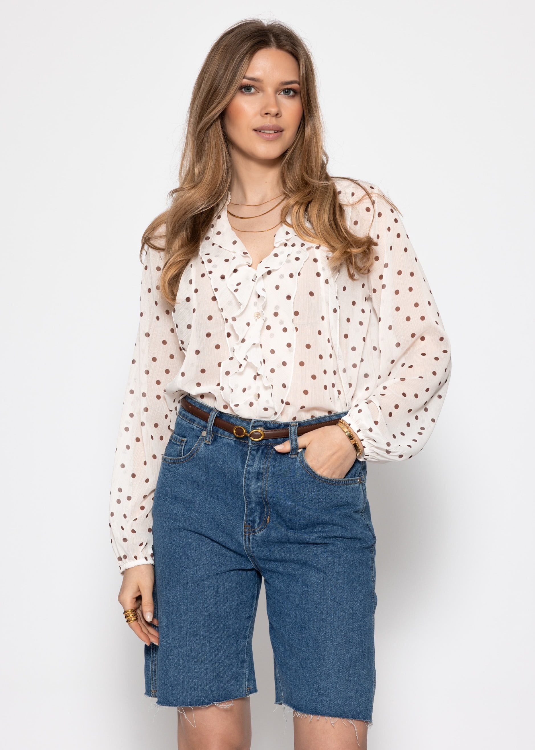 SASSYCLASSY Langarmbluse Chiffon Bluse mit Volants für Damen Leichte Bluse mit braunem Punktemuster und locker fallendem Schnitt