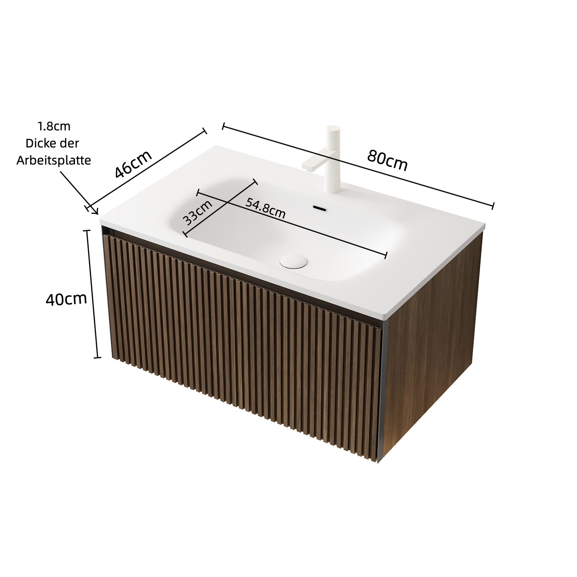 IDEASY Waschbecken 80cm Keramikwaschtisch mit Schublade Eiche