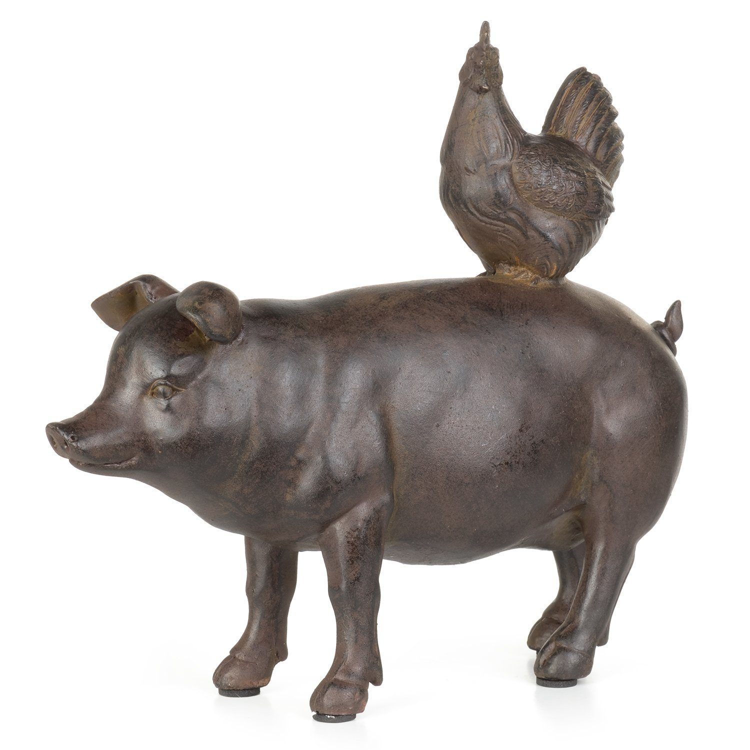 Moritz Dekofigur Deko-Figur Huhn sitzt auf Schweinerücken aus Polyreisn dunkelbraun, Dekofigur aus Polyresin Dekoelement Dekoration Figuren