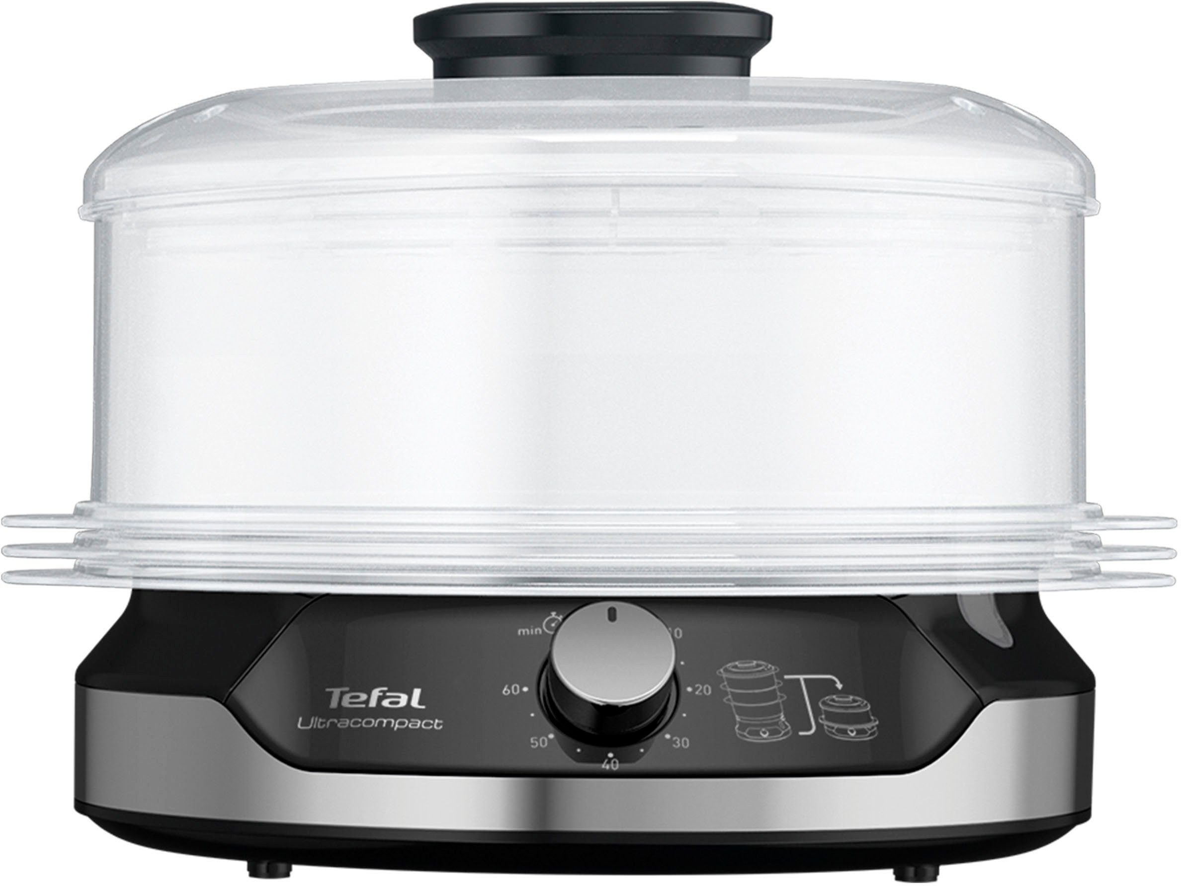 Tefal Dampfgarer Ultracompact, 800 W, 3 Aufsätze, 60-Minuten-Timer, 9-L-Kapazität, Reis-Einsatz, VC2048