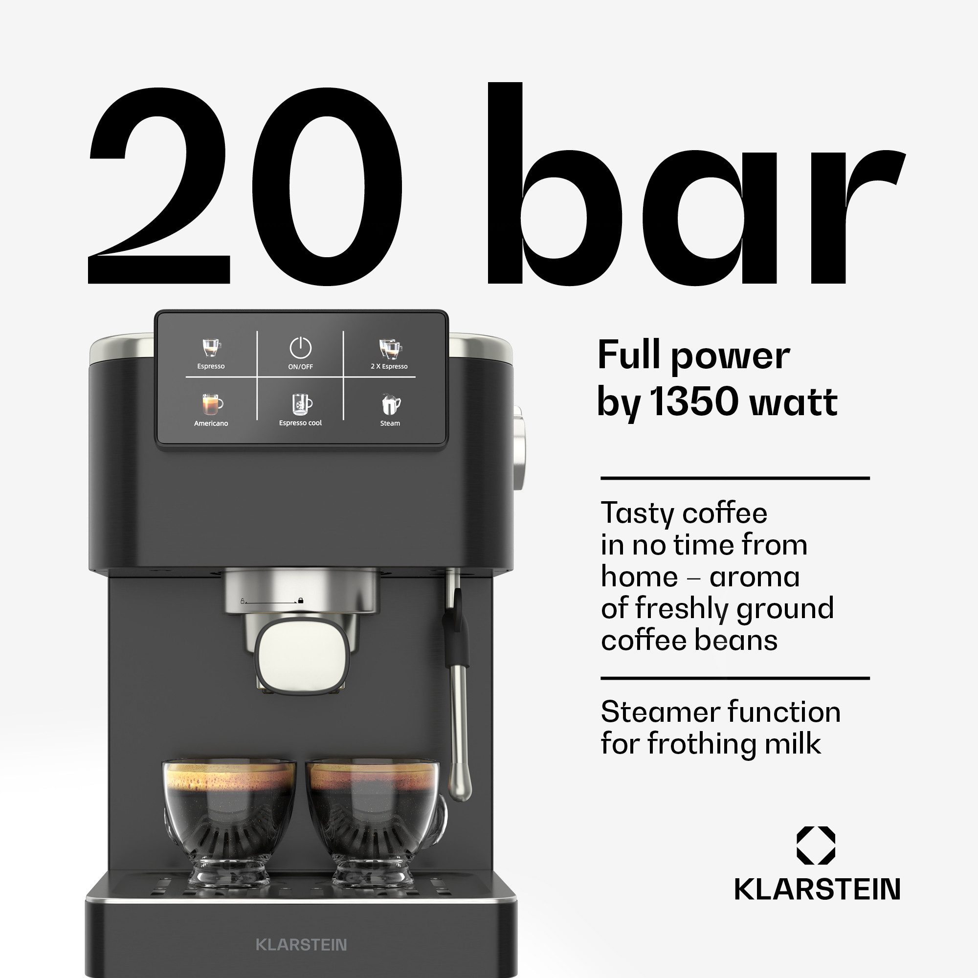 Klarstein Espressomaschine, 1.5l Kaffeekanne, Edelstahlfilter, Elektrisch 20 Bar Espressomaschine Kaffemaschine Touch