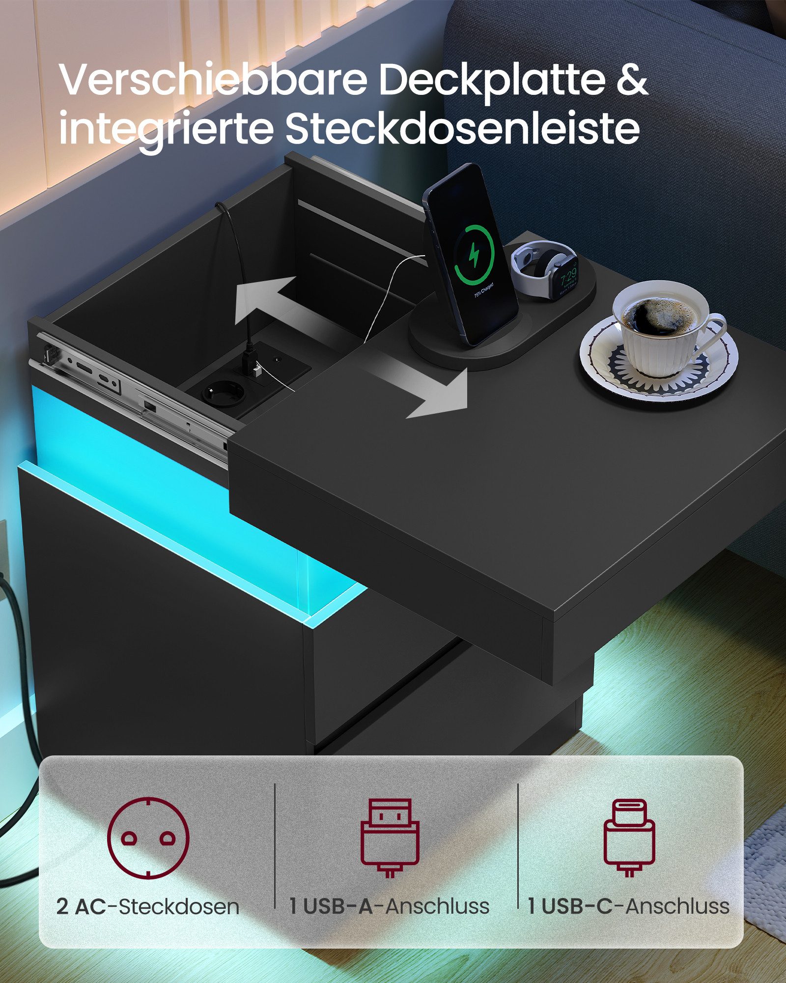 VASAGLE Nachttisch Beistelltisch mit Steckdosen, Schiebedeckel, LED-Beleuchtung, 2er Set, 2 Schubladen, kleiner Tisch, modern, 35 x 40 x 55 cm – Bild 5 von 5