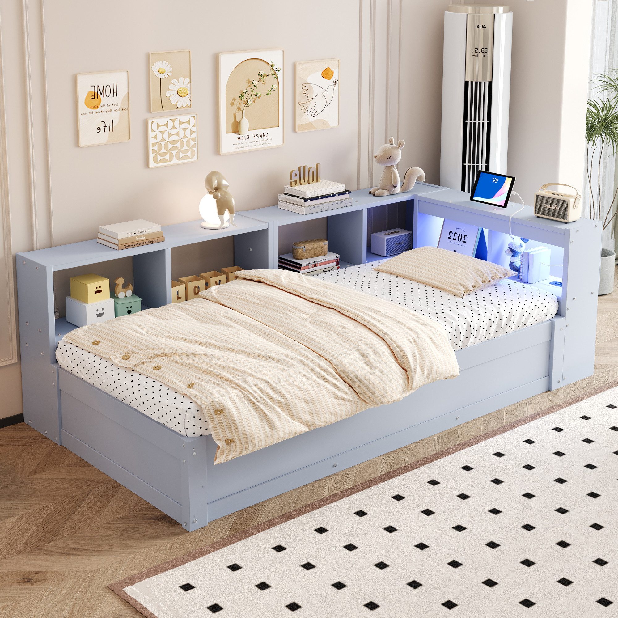STILVORA Schlafsofa Schlafsofa mit bettkasten Tagesbett 90×200 Jugendbett ohne matratze, Massivholz, Hydraulikfunktion, LED-Lichtleiste, USB-Steckdose, Für Jugendzimmer, Gästezimmer, Schlafzimmer und kleine Räume