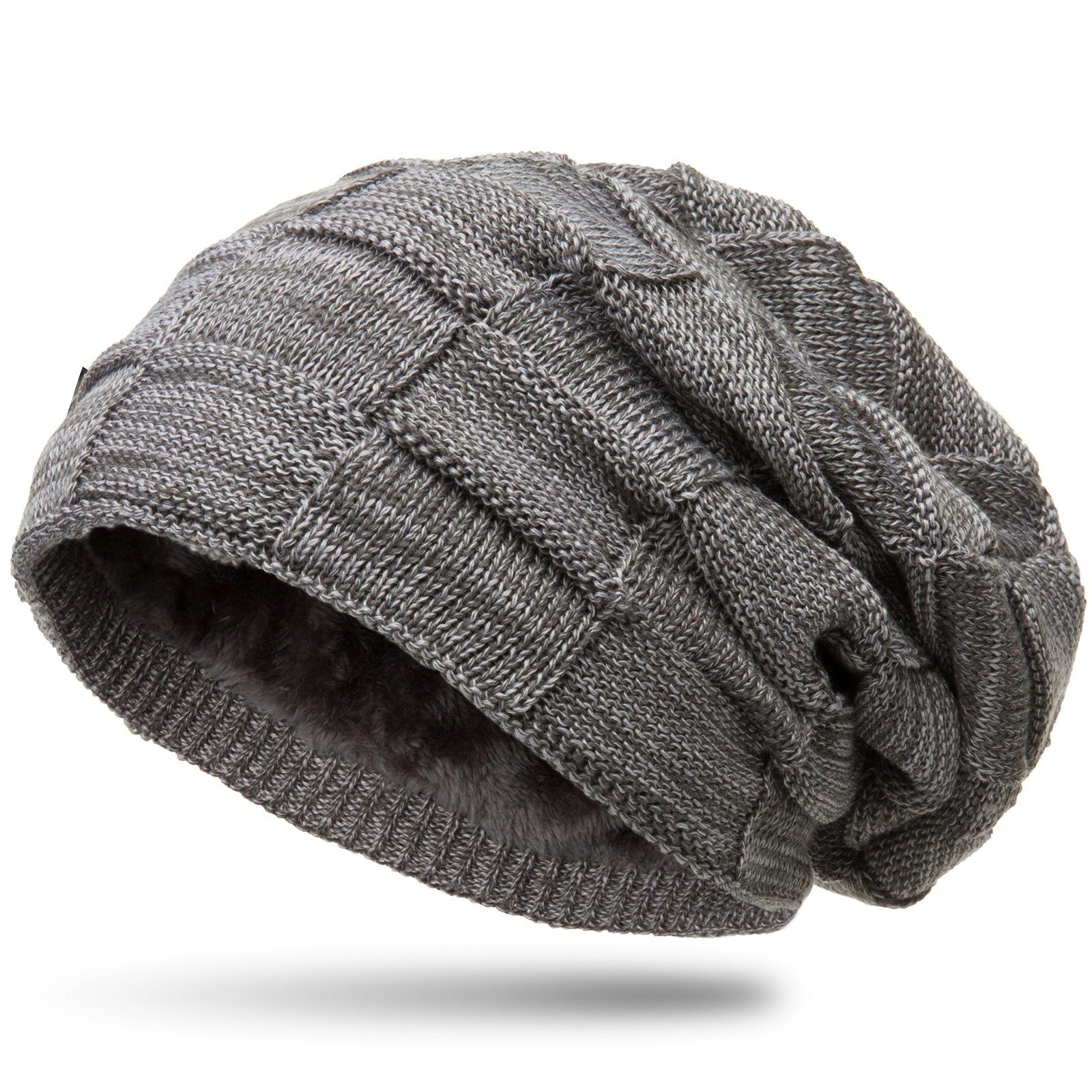 Caspar Beanie MU135 gefütterte Feinstrick Beanie Mütze mit Flecht Muster grau-hellgrau