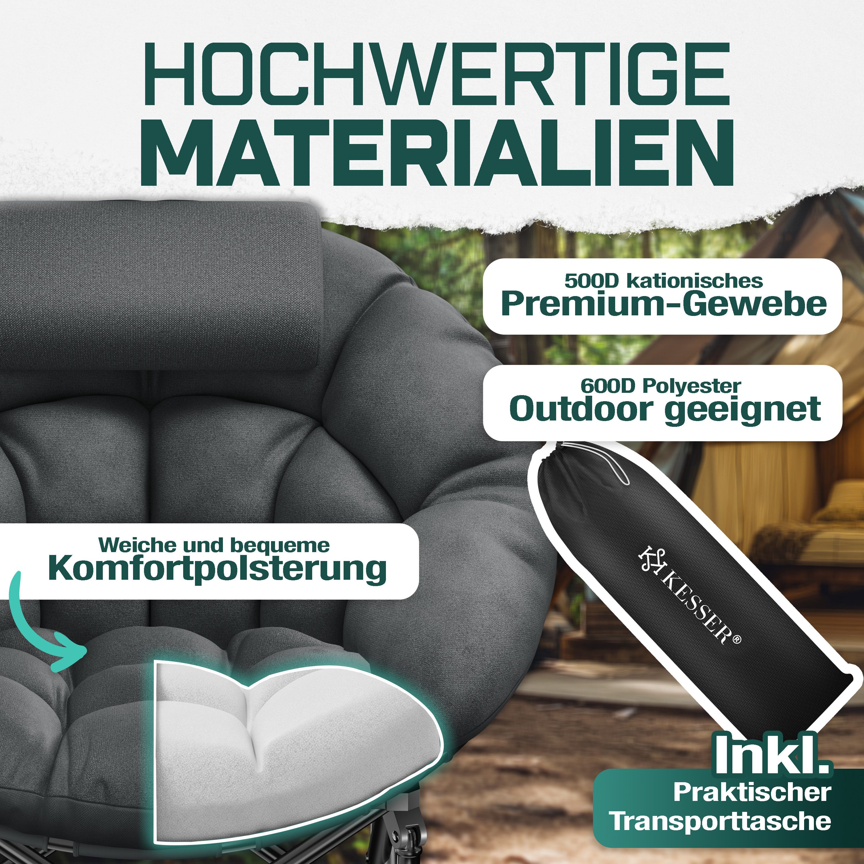 KESSER Campingstuhl Chillexer faltbar 150 kg Klappstuhl mit Kissen, Seitentasche & Cover, Relaxstuhl Outdoor + Indoor für Camping, Angeln, Festival, Strand