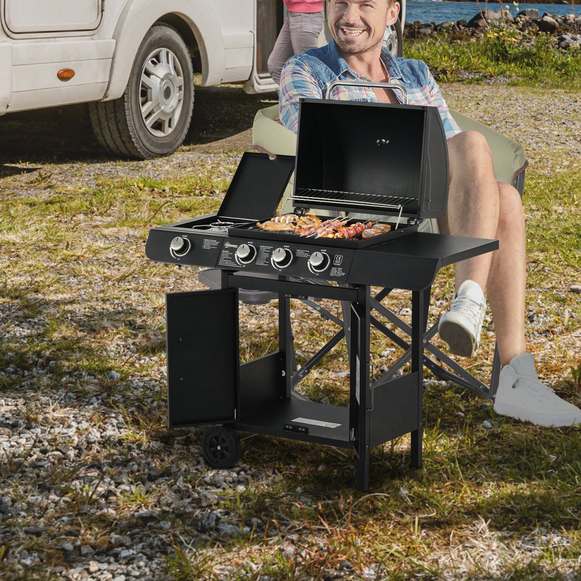 Outsunny Gasgrill mit 4 Brennern, BBQ, Grillwagen, Multifunktion Metall Schwarz
