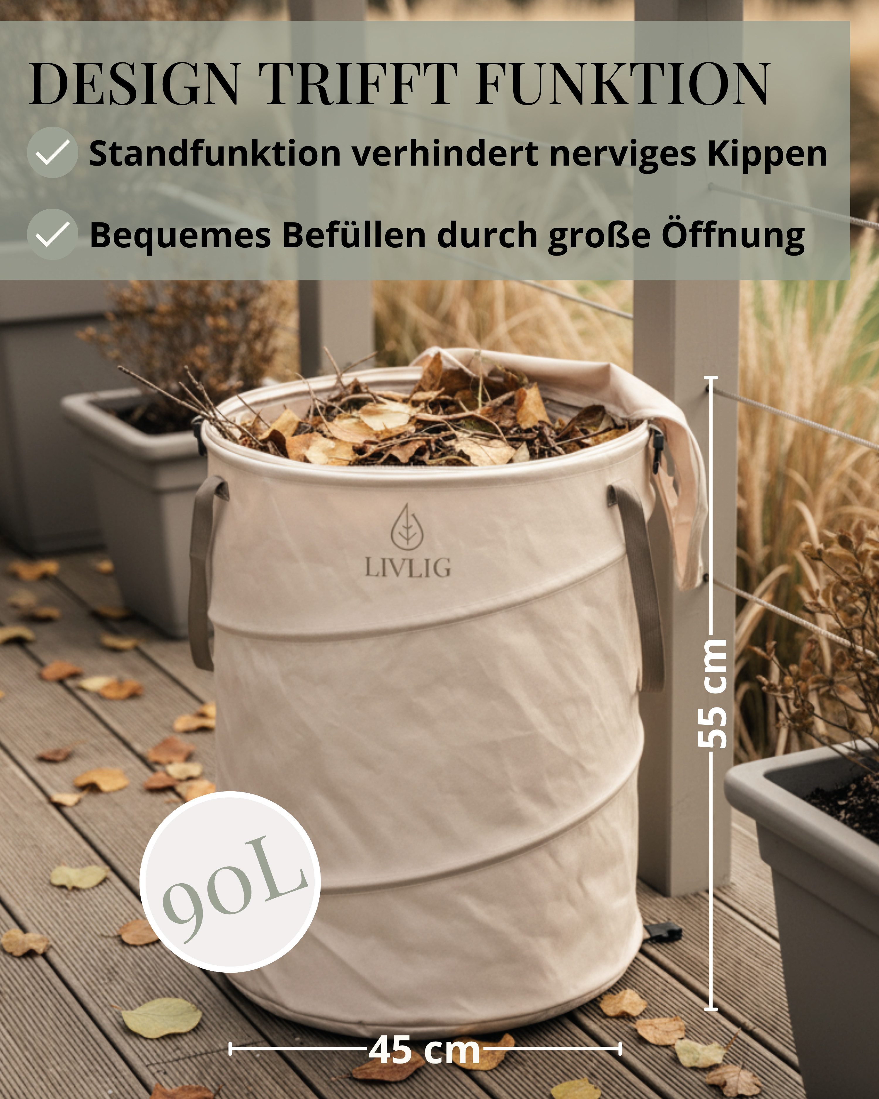 LIVLIG Gartensack 90L, Laubsack mit Deckel, Pop-Up Gartenabfallsack, für Laubabfälle, Gras-Schnitt, Wäsche, Kinderspielzeug, (1-tlg), Gartensack, Wäschesack, faltbarer Laubsack