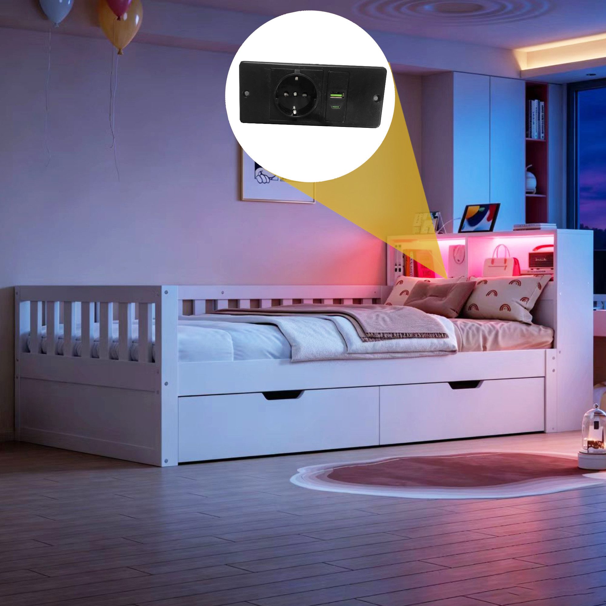 BlingBin Holzbett 90 × 200 cm,Multifunktionales Kinderbett Einzelbett,Sicherheitsgitter (2 Packung, 1-tlg., Ausgestattet Mit Steckdose und LED-Beleuchtung), Mit Schubladen, Ablage und Staufächern,Weiß