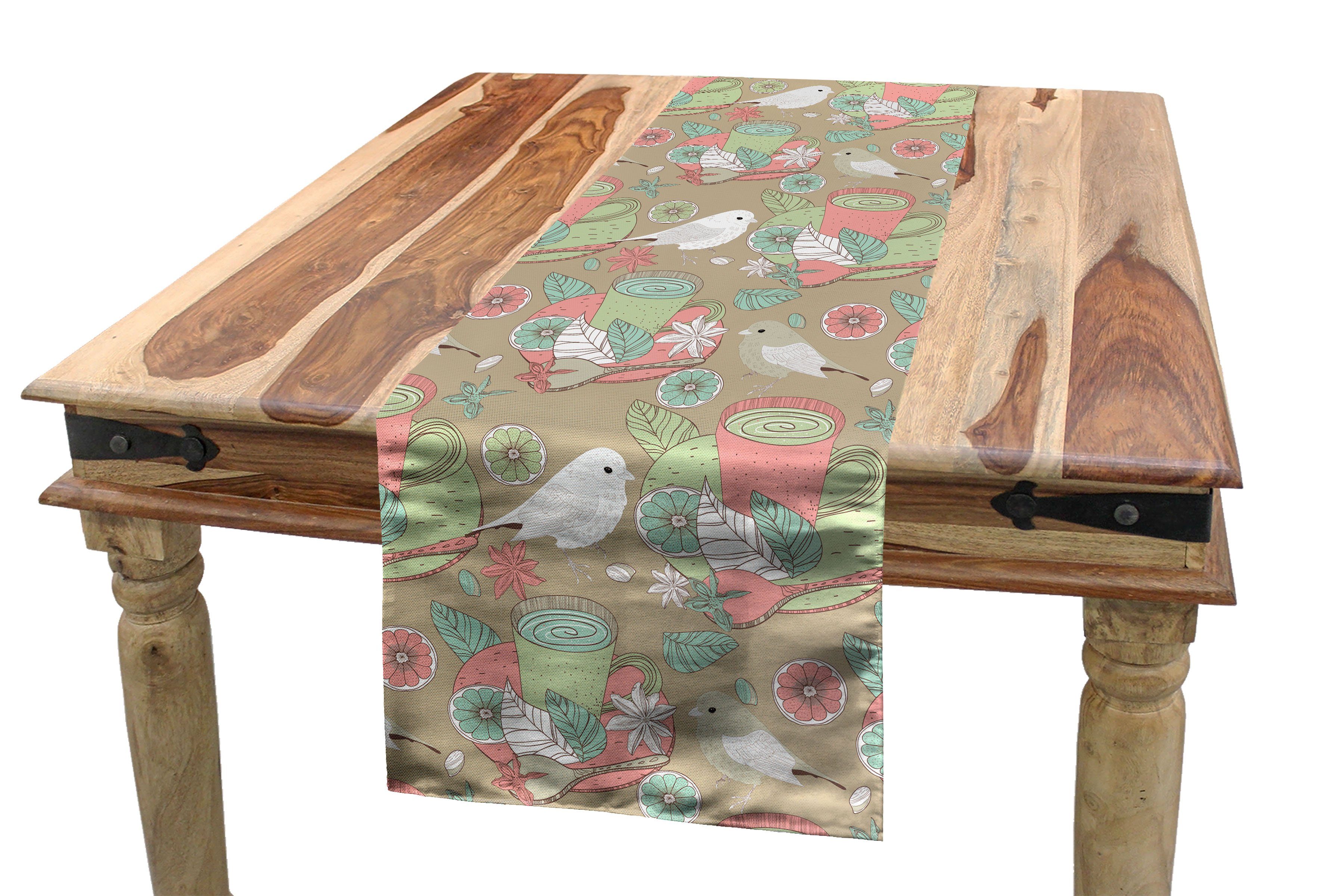 Abakuhaus Tischläufer Esszimmer Küche Rechteckiger Dekorativer Tischläufer, Natur Teetasse mit Vögeln und Limes