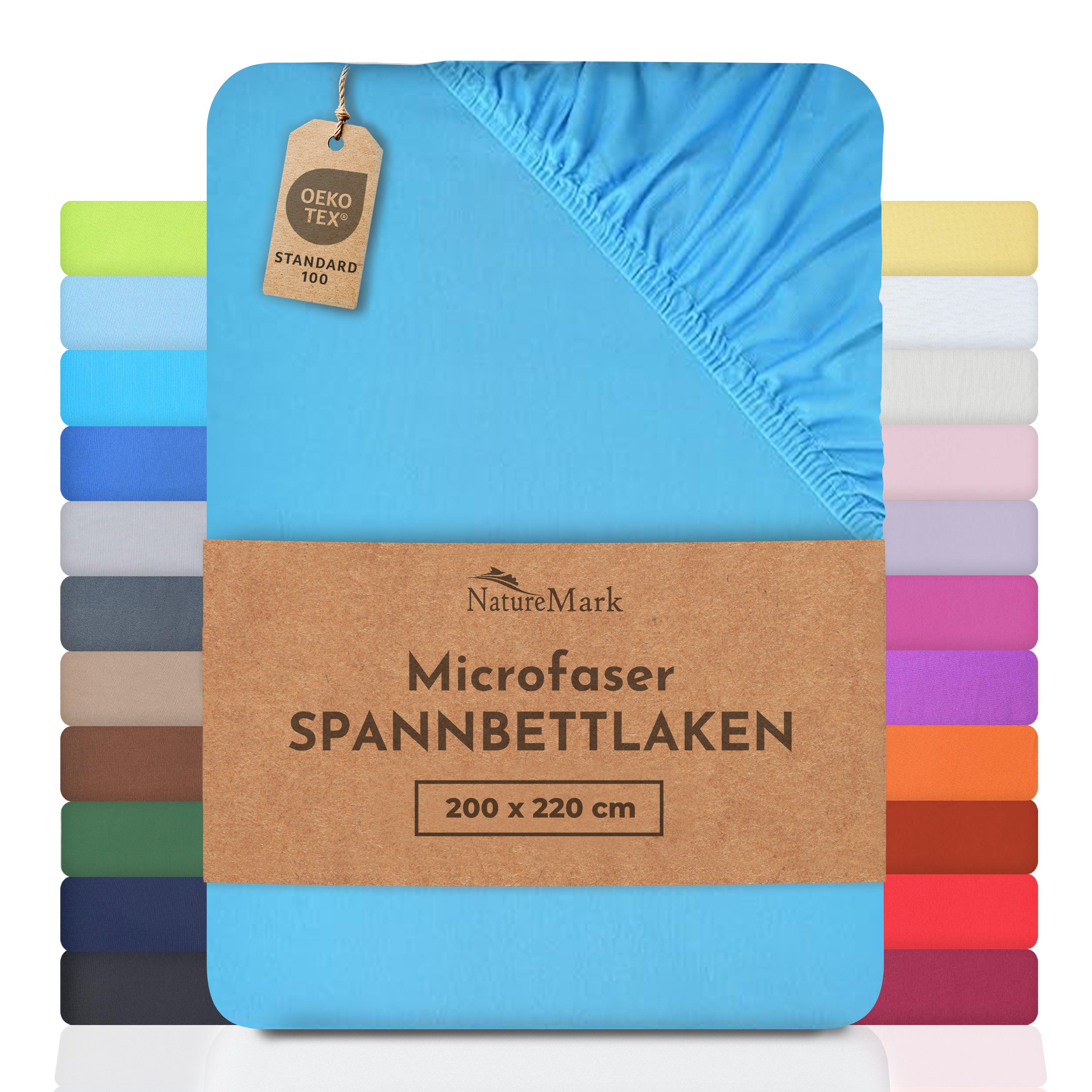 NatureMark Spannbettlaken Mikrofaser Spannbetttuch, Polyester, Gummizug: rundum, viele Größen und Farben Markenware, 200x220 cm, Türkis