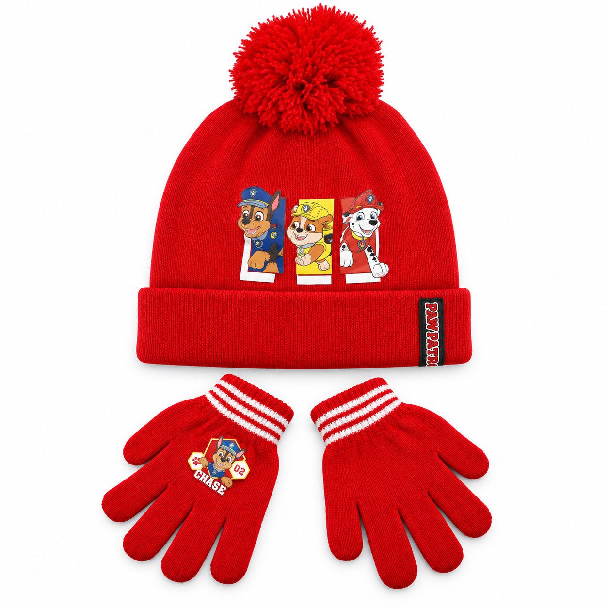 PAW PATROL Bommelmütze Paw Patrol Chase Kinder Herbst Winter Set Mütze Handschuhe Gr. 52 bis 54