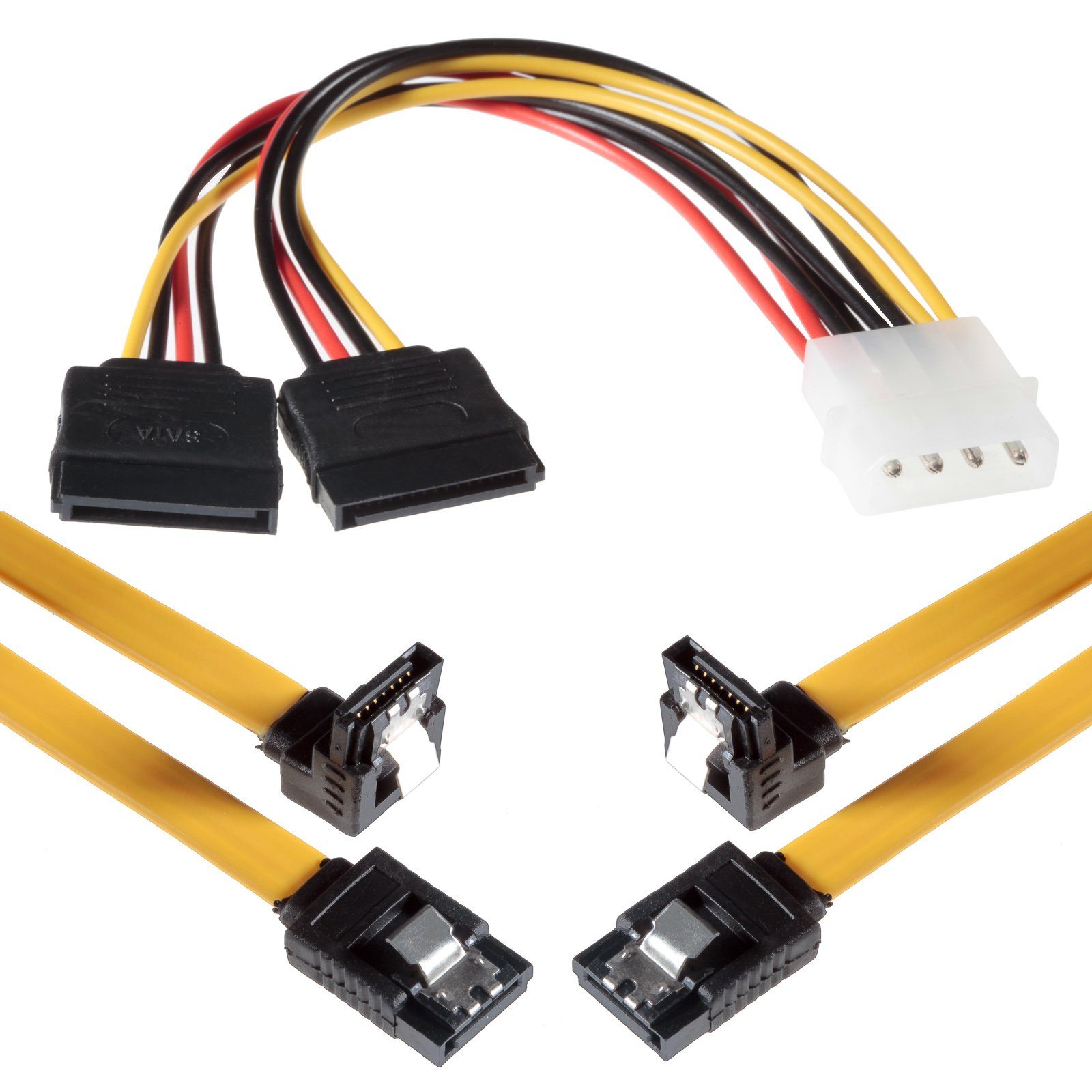 Poppstar Sata 3 Datenkabel mit 20cm Stromadapter 4-pin auf 2x 15-pin Computer-Kabel, SATA (50 cm), 2 Sata Kabel mit Stecker gerade auf gewinkelt