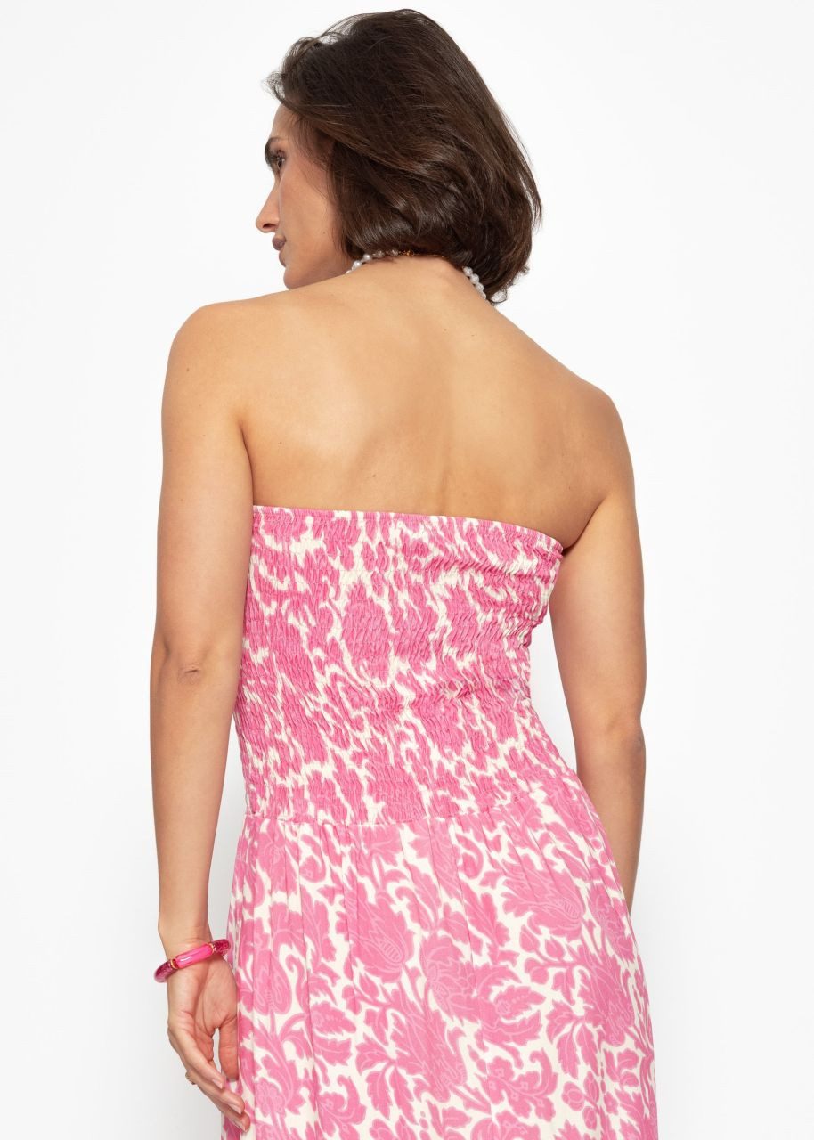 SASSYCLASSY Midikleid Gesmoktes Bandeau-Kleid mit Print Damen trägerloses Midikleid mit gerafftem Bustier jeansblau