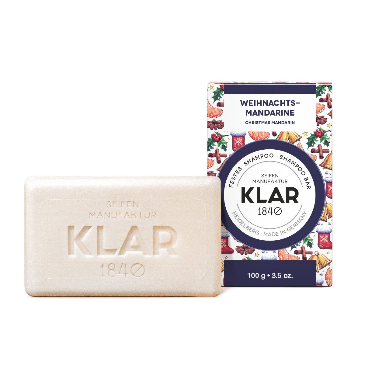 KLAR Seifenmanufaktor Handseife Klar Seifen festes Shampoo Weihnachsmandarine, für geschmeidige Haare