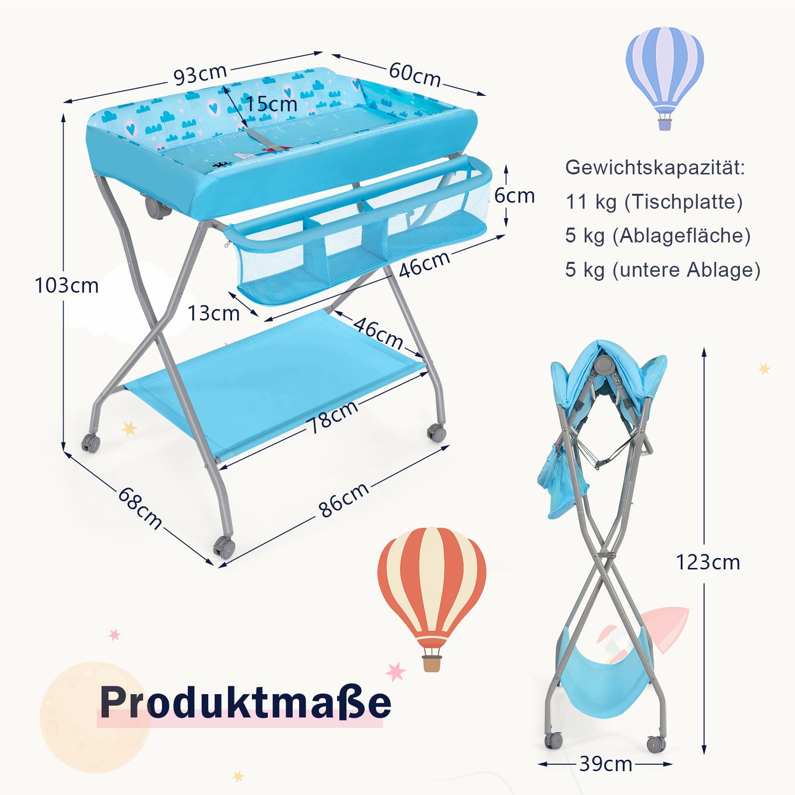 COSTWAY Wickeltisch, Sicherheitsgurt, blau bis rollbar, mit 11kg klappbar &