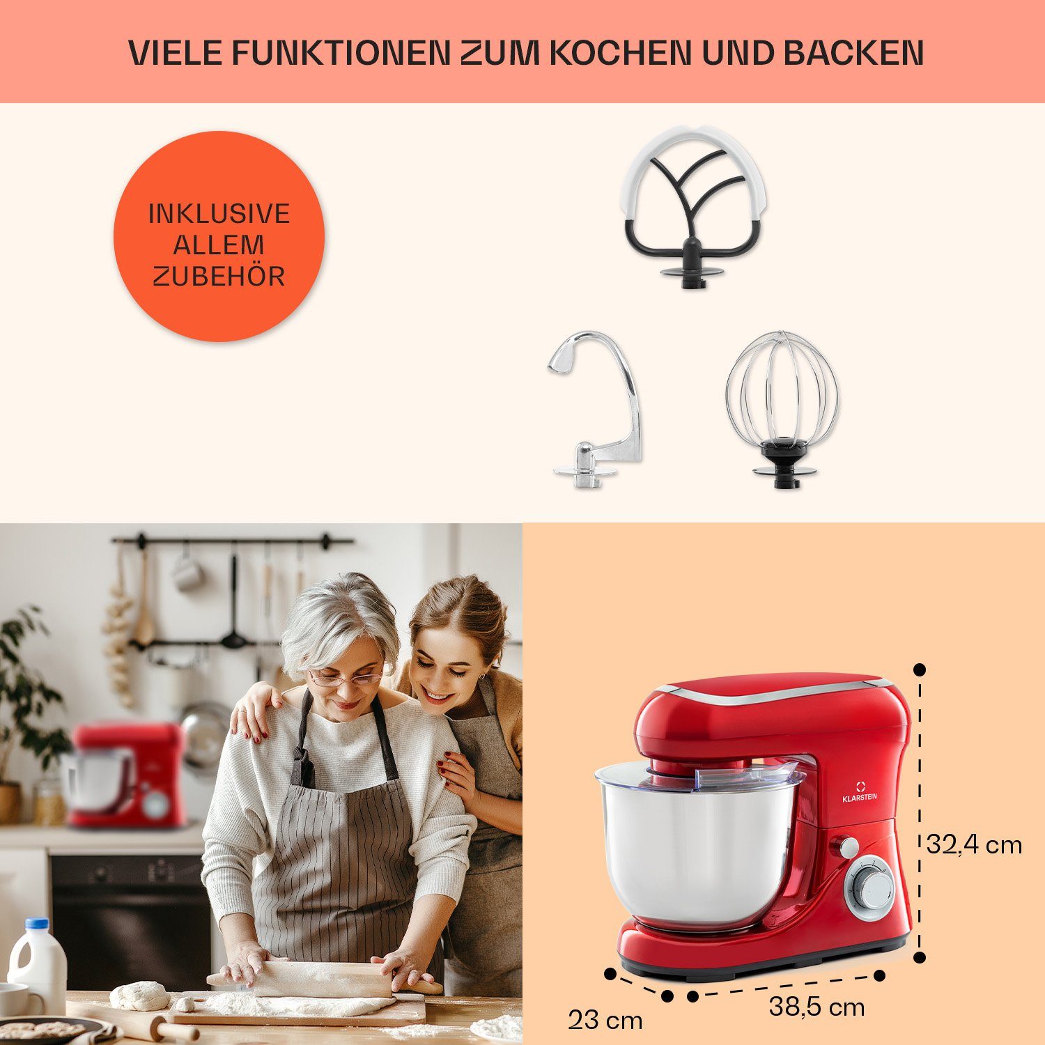 Klarstein Küchenmaschine Bella Pico 2G Küchenmaschine 1300W 1,7 PS 5L 6 Stufen Pulsfunktion, 1300 W, 5 l Schüssel, Knetmaschine Teigmaschine Teigknetmaschine Rü – Bild 5 von 5