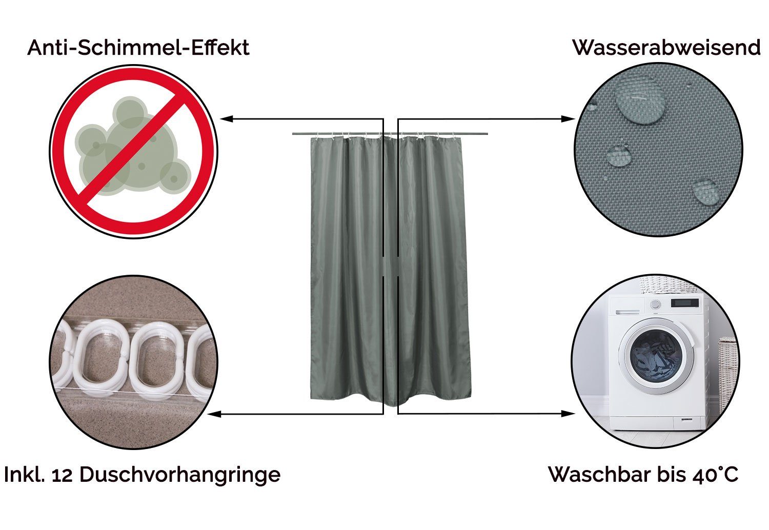 ZOLLNER Duschvorhang Breite 180 cm (Set), 100% Polyester, Anti-Schimmel-Effekt