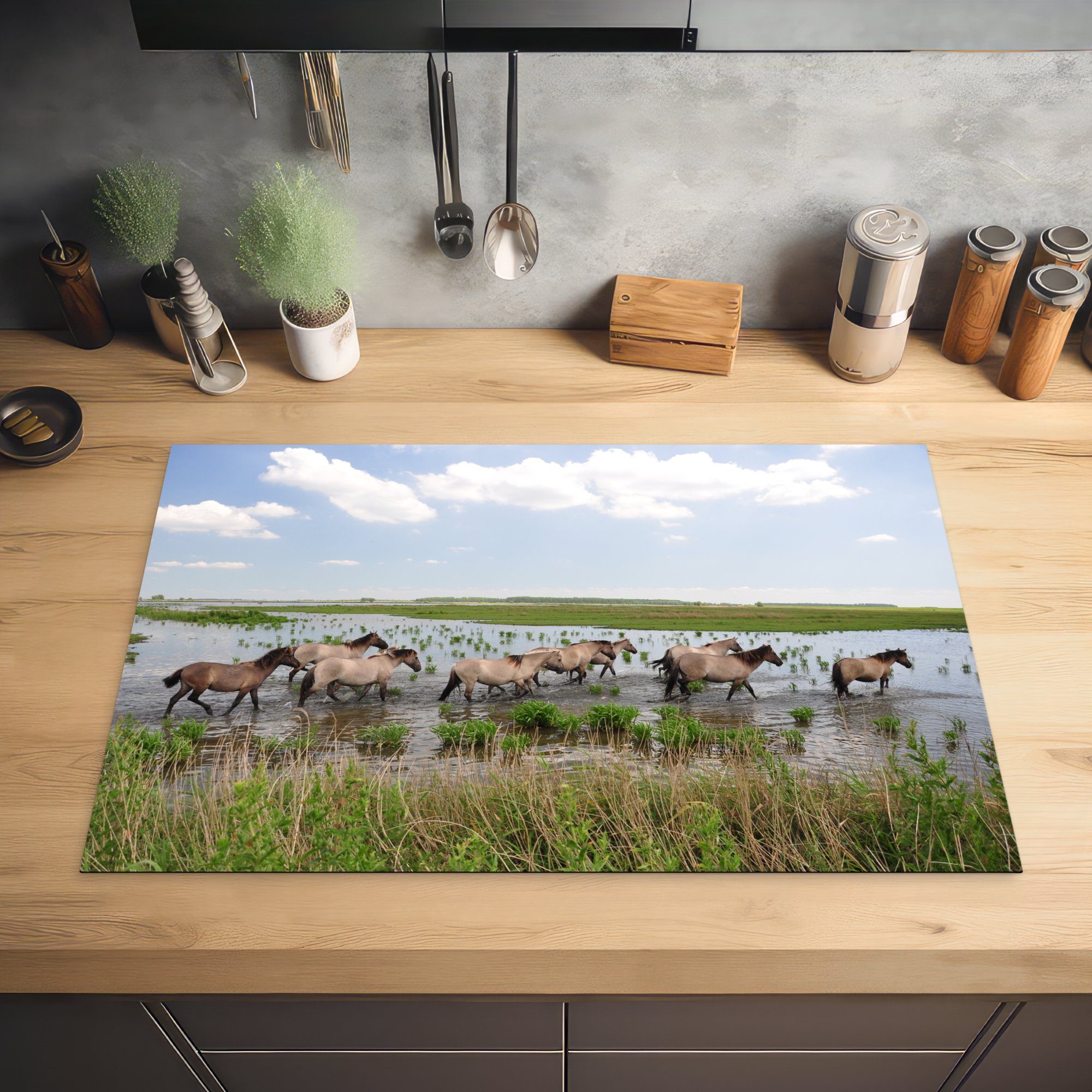 MuchoWow Herdblende-/Abdeckplatte Pferde - Wasser Schutz die Ceranfeldabdeckung (1 cm, tlg), Vinyl, küche, Induktionskochfeld für 81x52 Lauwersmeer, 