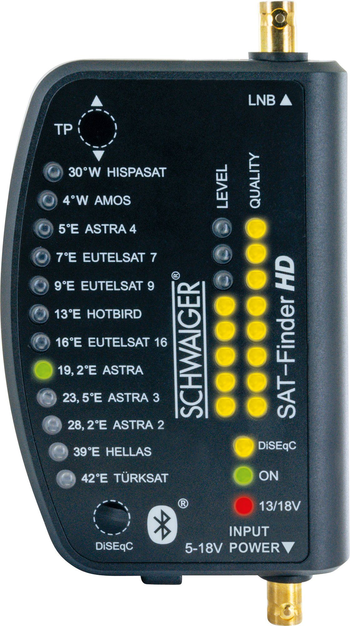 Schwaiger Satfinder Signalstärke angeschlossenen App Receiver über über oder (IP54, SF9003BTAKKU Stromversorgung Anzeige detaillierte Powerbank), der