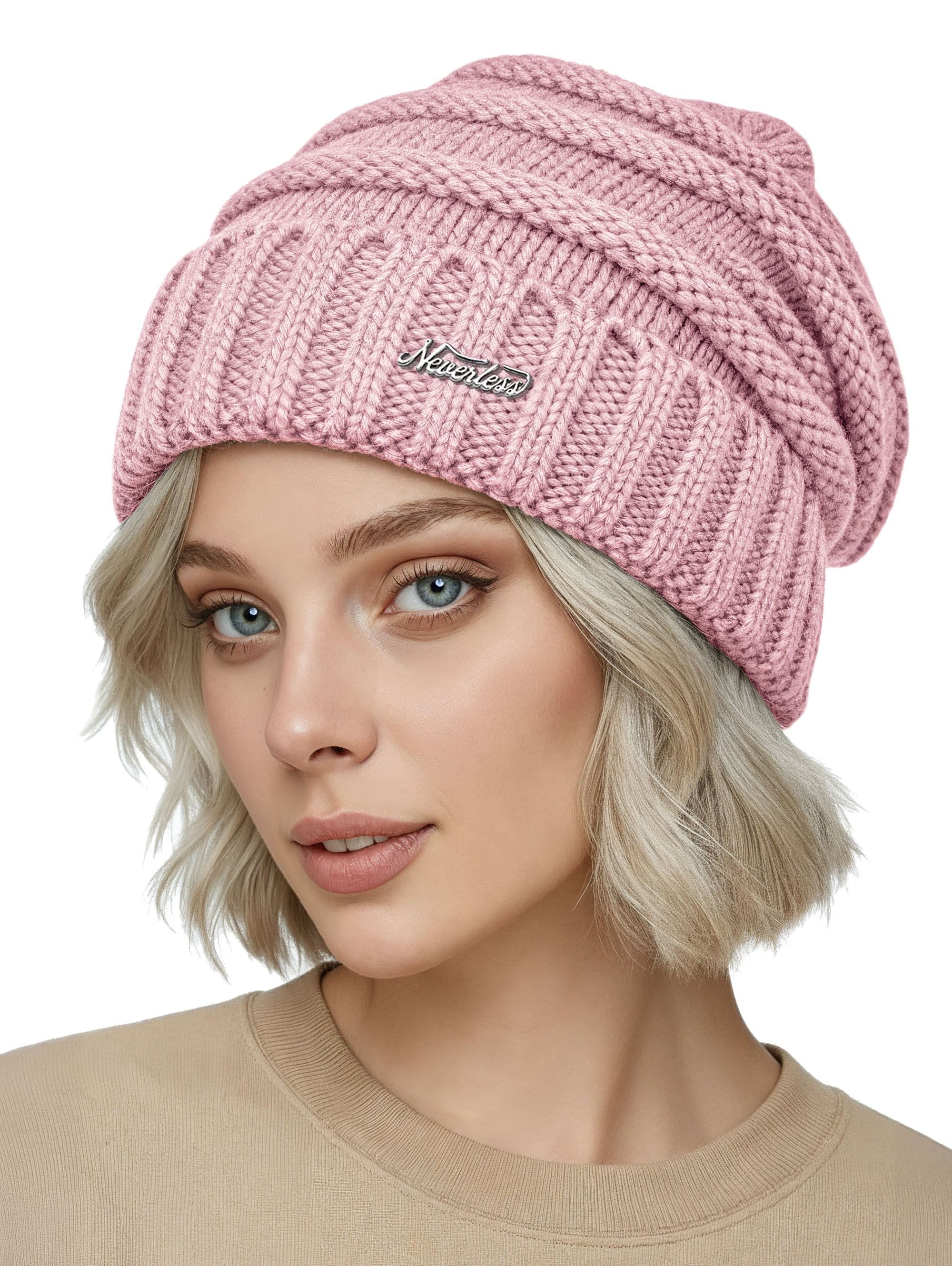 Neverless Strickmütze Damen Strickbeanie Slouchy Strickmütze ohne Bommel Wintermütze