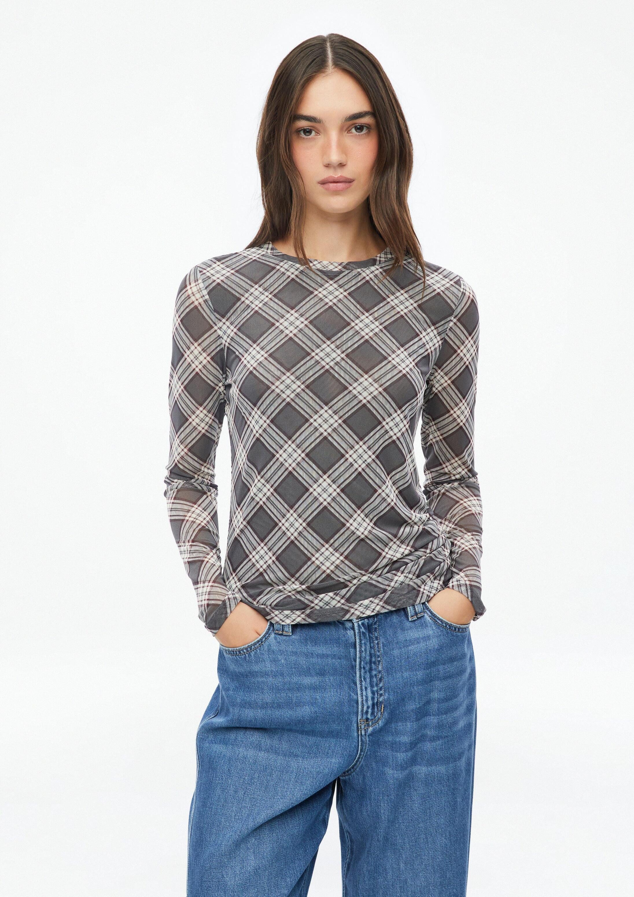 s.Oliver Langarmshirt T-Shirt Leicht transparentes Mesh-Shirt mit Karomuster