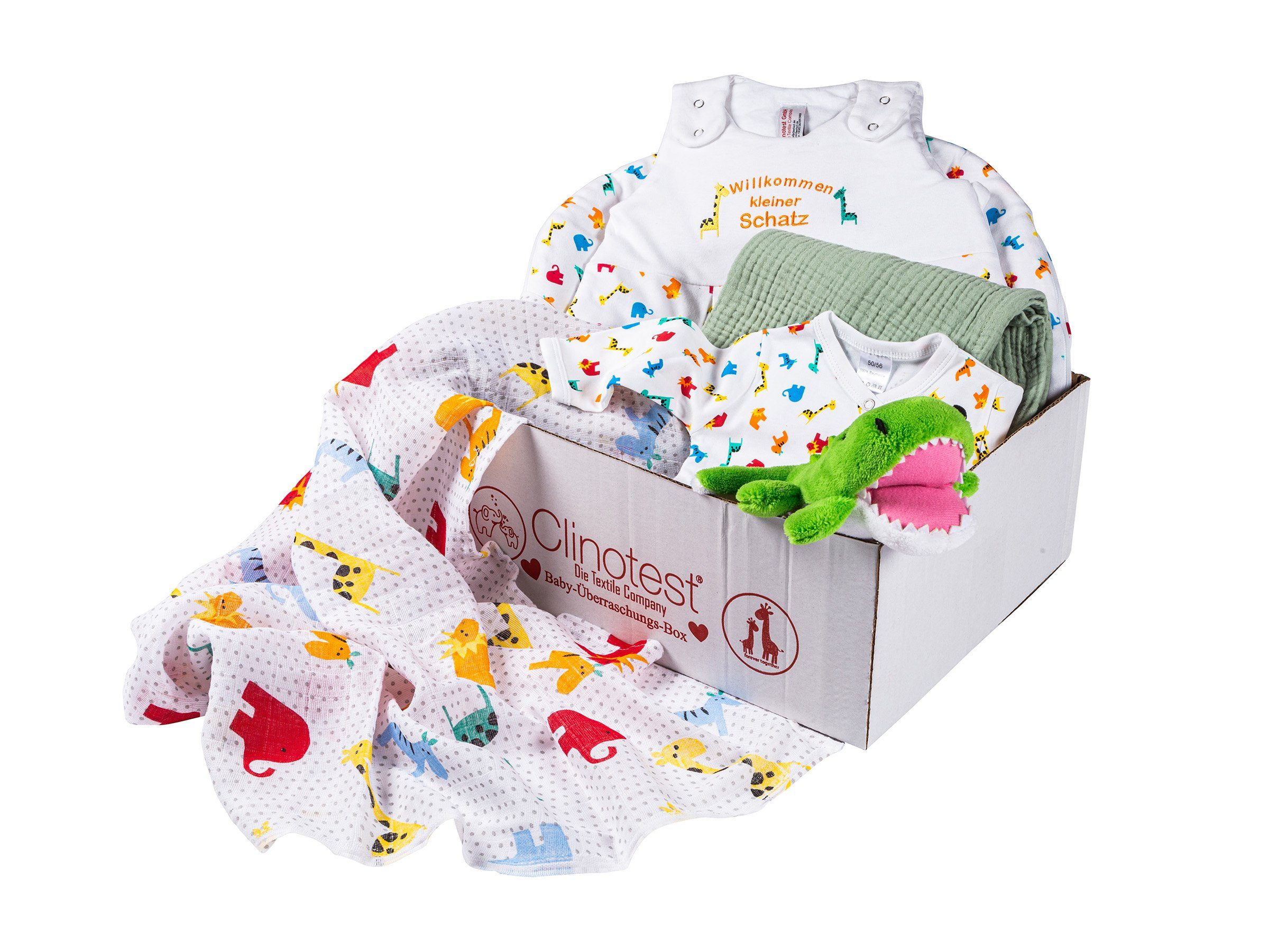 Clinotest Neugeborenen-Geschenkset Baby-Überraschungsbox, Bekleidungs-Set, verschiedene Boxeninhalte Schilf