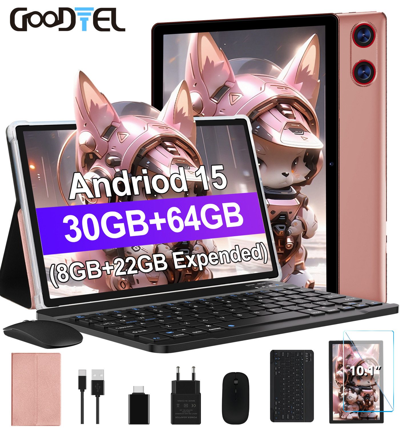 GOODTEL G9 Tablet Android 15,WiFi, 30GB RAM 64GB Speicher erweitern bis zu 1TB Tablet (10,1", Android 15, 64GB Speicher/erweiterbar auf 512TB,6000mAh,Gemini AI,WiFi,Widevine L1)
