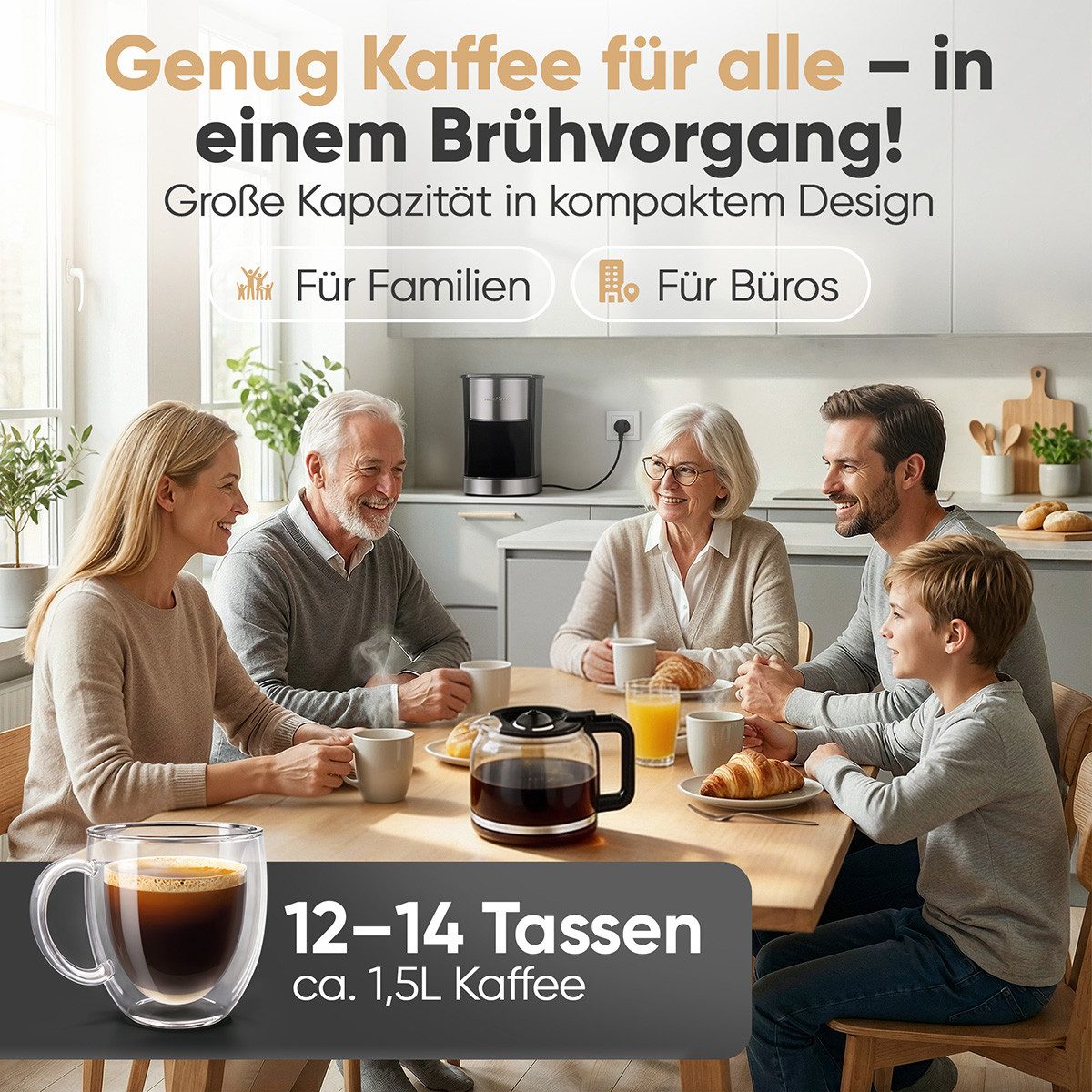 ProfiCook Filterkaffeemaschine PC-KA 1330, Filterkaffeemaschine m. Glaskanne für 12-14 Tassen