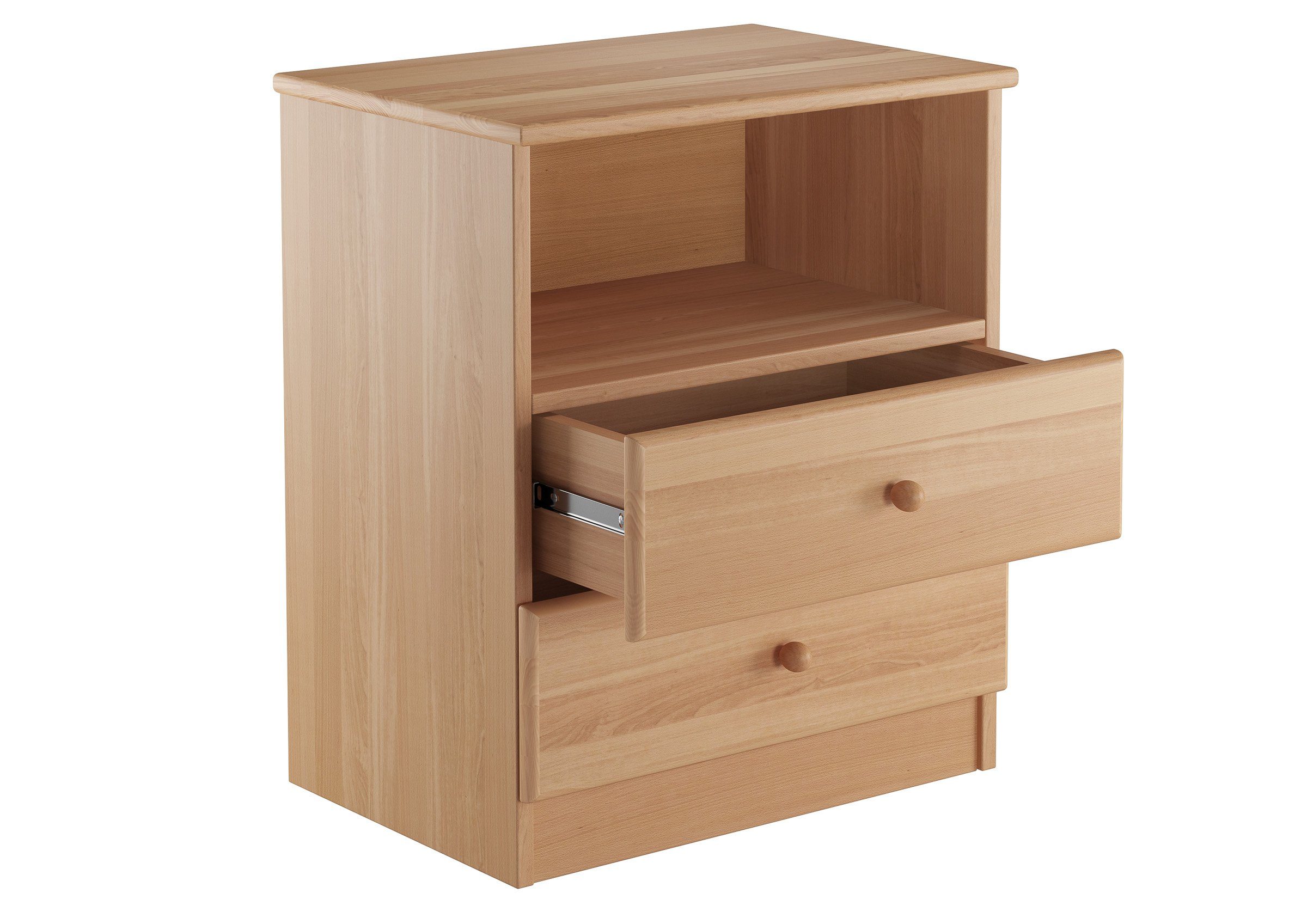 ERST-HOLZ Nachtkommode Hohe Nachtkonsole Buche Nachttisch mit Zwei Schubladen Offenes Fach, 90.20-K35 -Nachtschränkchen Buche -Zwei Schubladen und ein Einlegefach