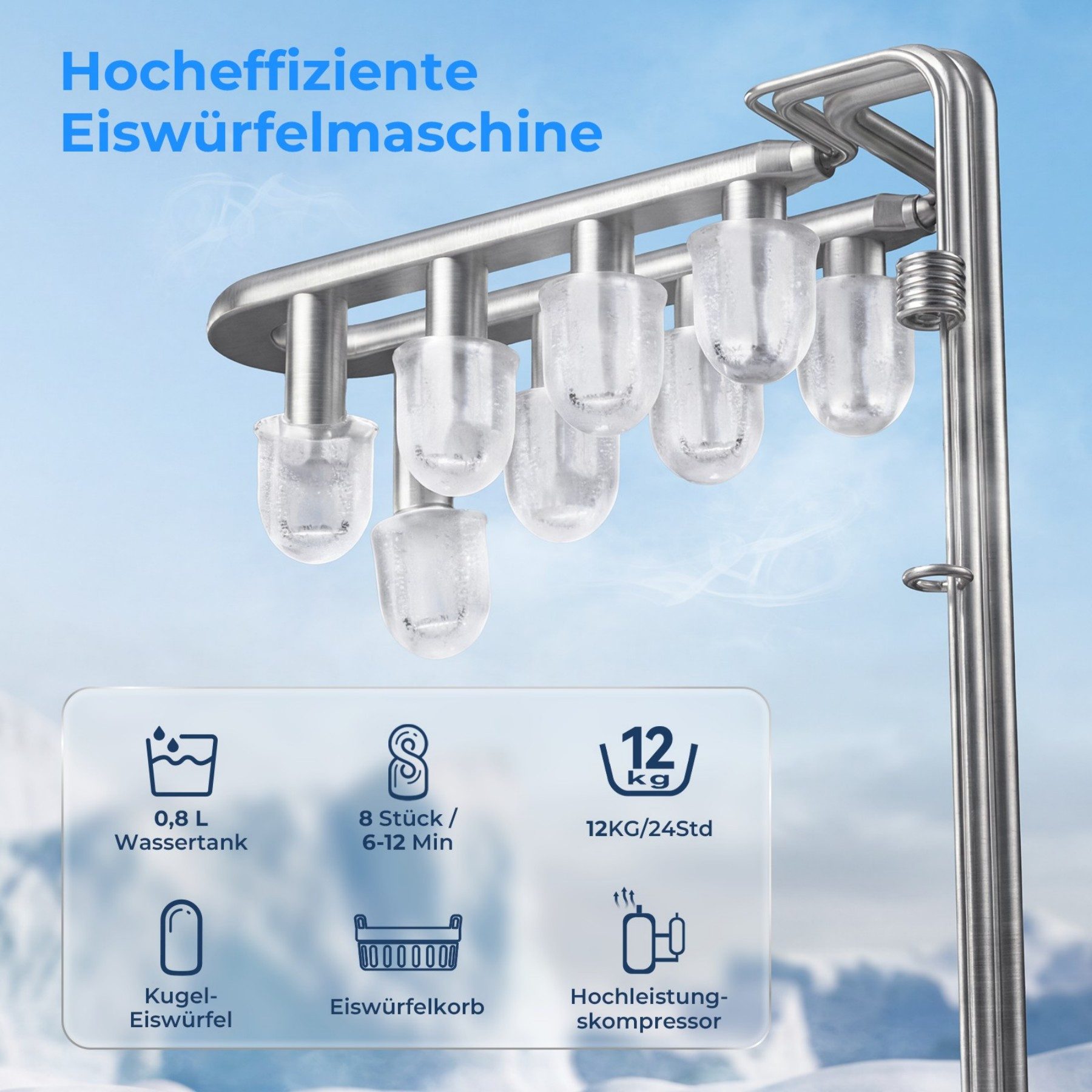 WELLENT Eiswürfelmaschine Tragbarer Eiswürfelbereiter,9 Eiswürfel in 6 Minuten,12 kg/24 H, 2 Eiswürfelgrößen, Selbstreinigung – Ideal für Zuhause, Küche & Büro