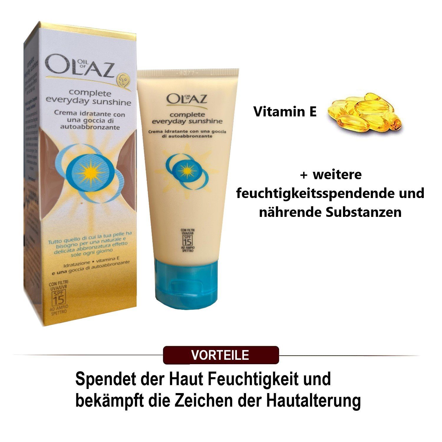 OLAZ Selbstbräunungscreme Total Complete Everyday Sunshine 40ml Gesicht Selbstbräunungscreme, und Make up für natürliche & fleckenfreie Bräune, straffung, jüngeres Aussehen, Anti Falten Hautcreme Naturkosmetik Anti-Aging Tagescreme mit Vitamin E Beauty, 1-tlg., Feuchtigkeitscreme für Frauen Pflege & Schutz von Unreiner, Haut Creme für alle Hauttypen Feuchtigkeitspflege Hautcreme
