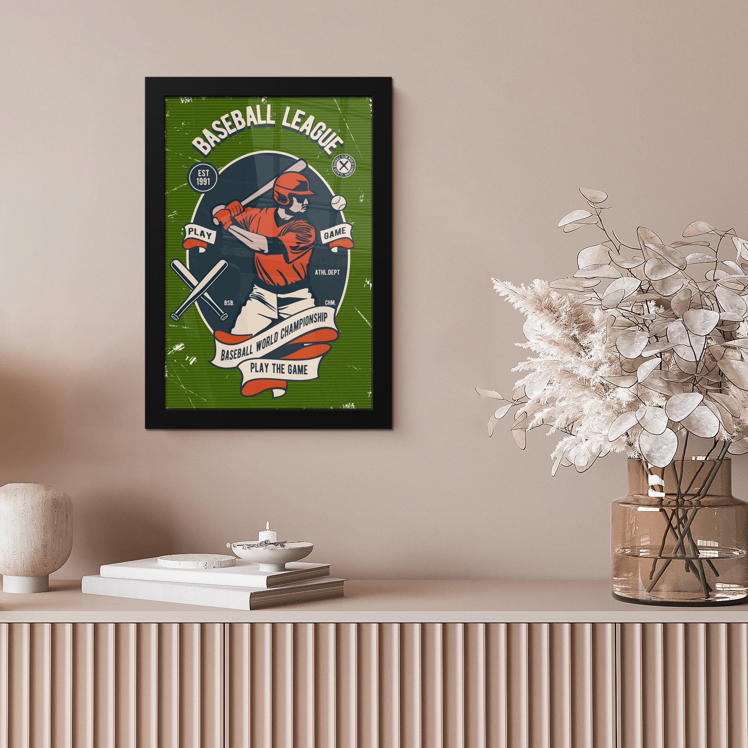 MuchoWow Poster Baseball Vintage, St), - - (1 Bilderrahmen Schläger Schwarzem Wanddeko, Bilder, Wandposter, Poster, Gerahmtes