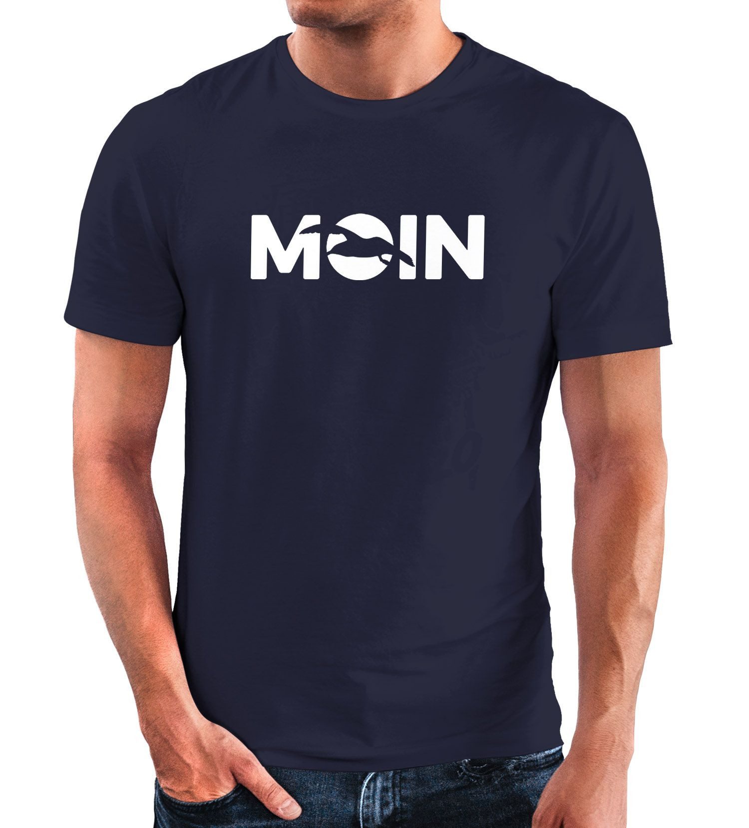 Print-Shirt Herren T-Shirt Moin Möwe Hamburg Nordisch Norden Dialekt Guten Morgen