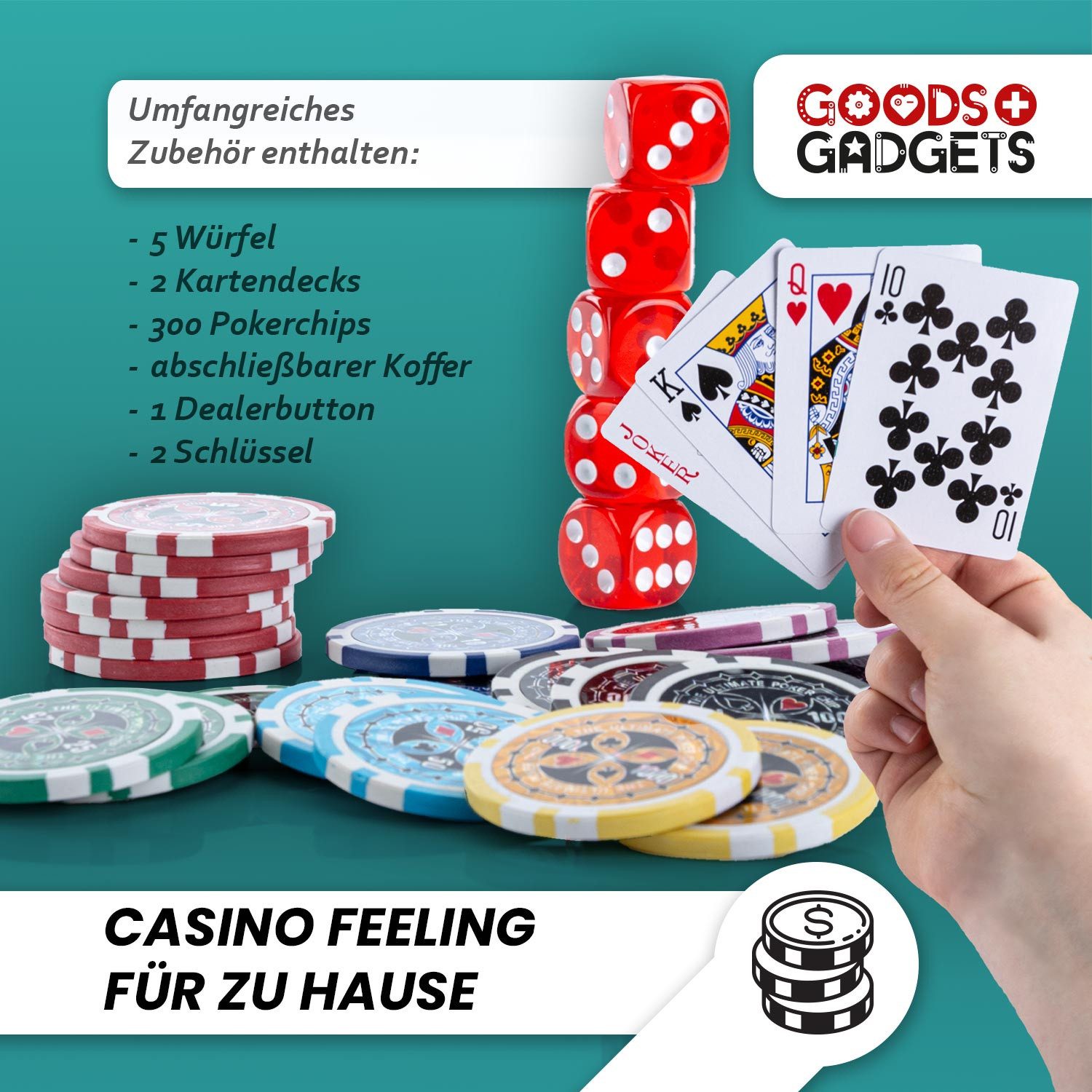 Goods+Gadgets Spiel Goods+Gadgets Profi Poker Set – Pokerkoffer mit 300–500 Chips Zuhause, Pokerset inkl. 300-500 Poker-Chips, Casino für Zuhause