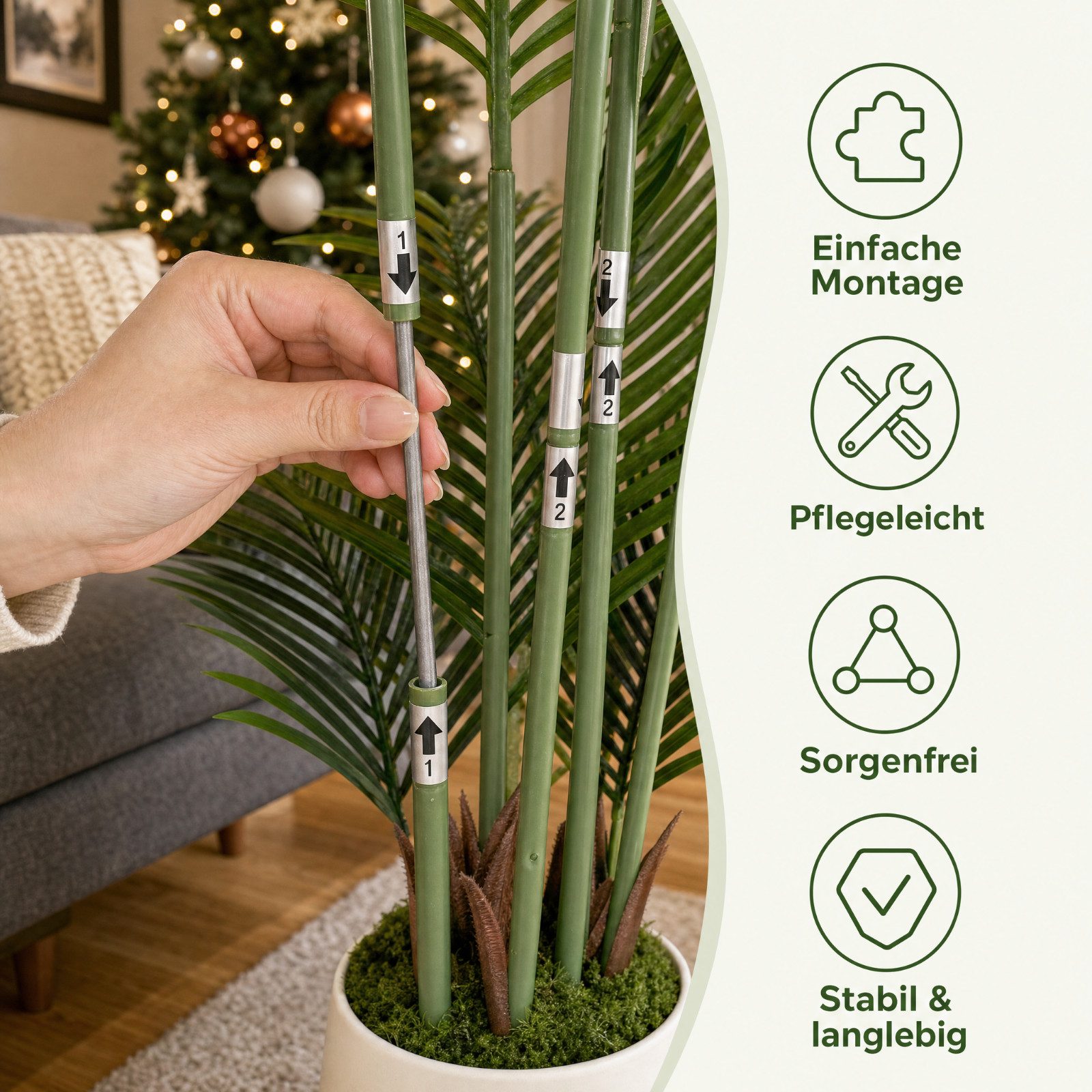 Kunstbaum Künstliche Areca Palme, TLGREEN, Höhe 120 cm, Tropische Pflanzen Deko für Innen Wohnzimmer Büro – Bild 3 von 5