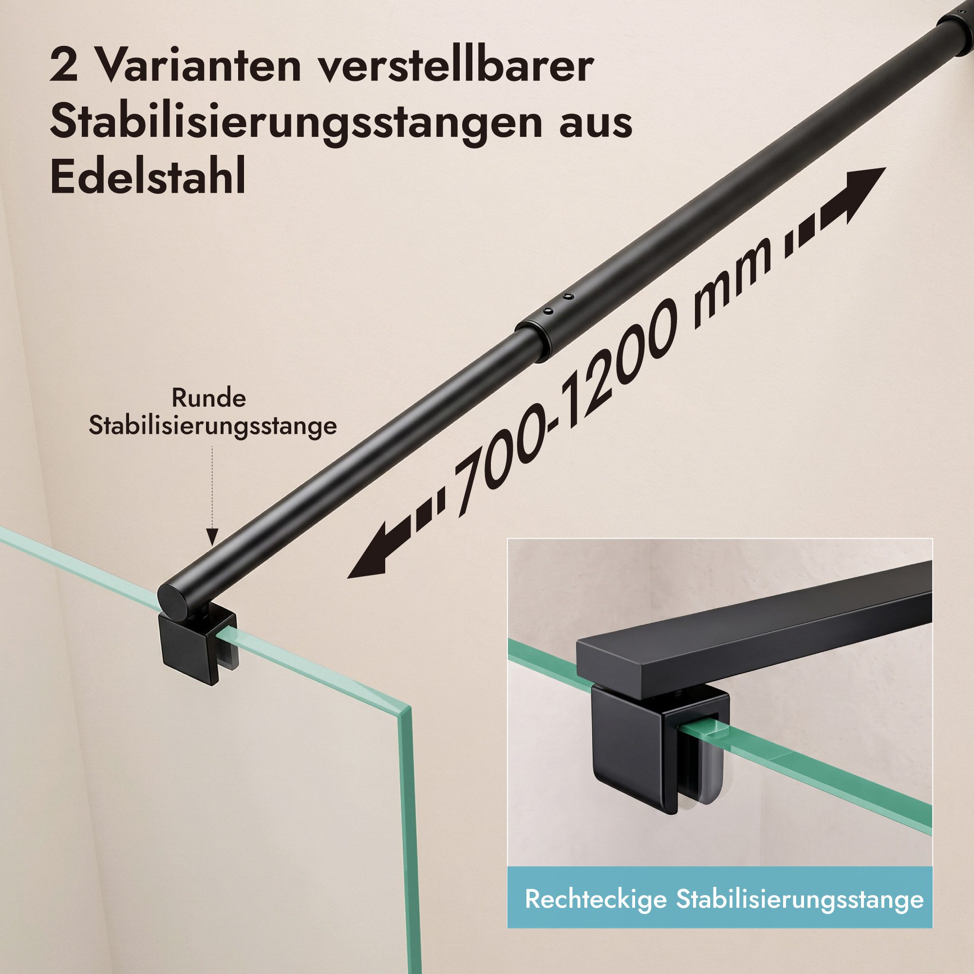 doporro Duschwand Duschwand Duschabtrennung in schwarz Profil mit Nano 8/10mm ESG Bremen, Einscheibensicherheitsglas – Bild 4 von 5